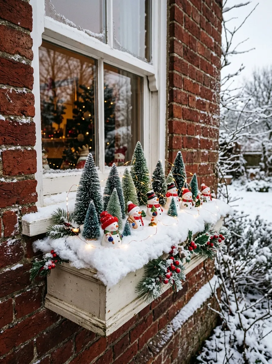 18 Winter Window Box Ideas That Bring Magical Seasonal Charm to Your Home Exterior 5 Whimsical winter window box with miniature snowmen and bottlebrush trees creating a playful storybook exterior scene