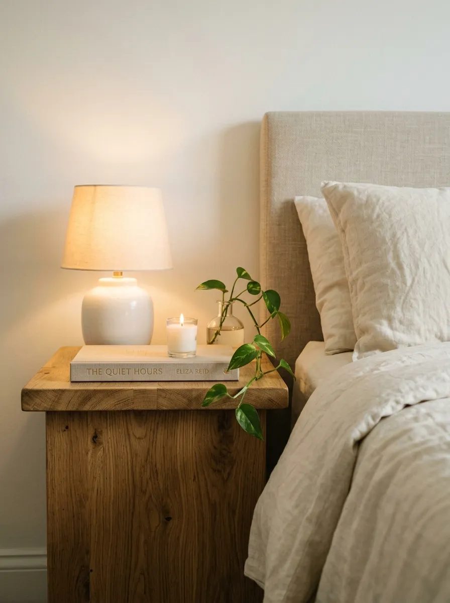 Clean minimalist nightstand with a ceramic lamp, book, candle, and small plant in a simple bedroom