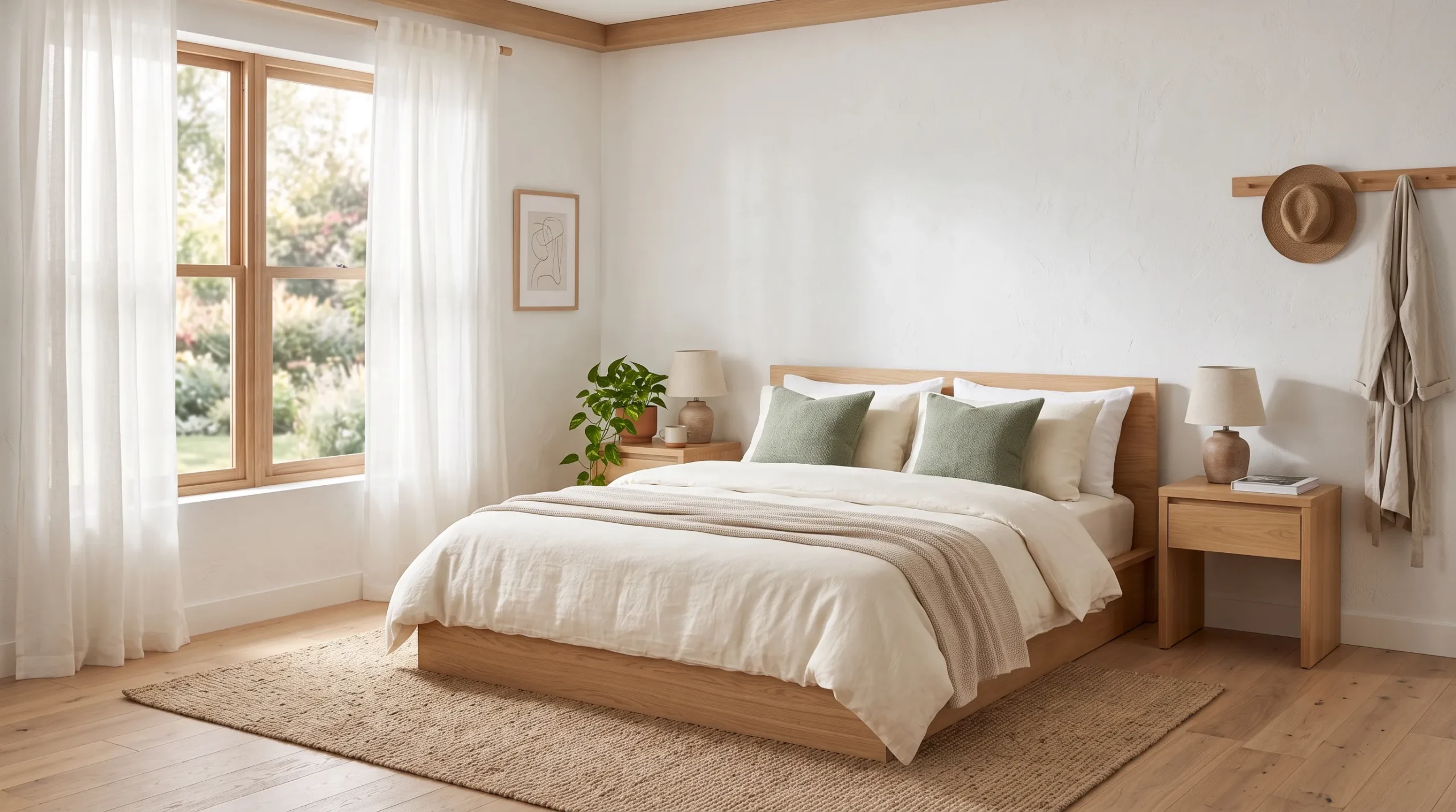 21 Minimalist Bedroom Ideas That Add Personality Without Sacrificing a Clean, Modern Style 19 Serene minimalist bedroom ideas with light oak furniture, ivory bedding, and natural morning light
