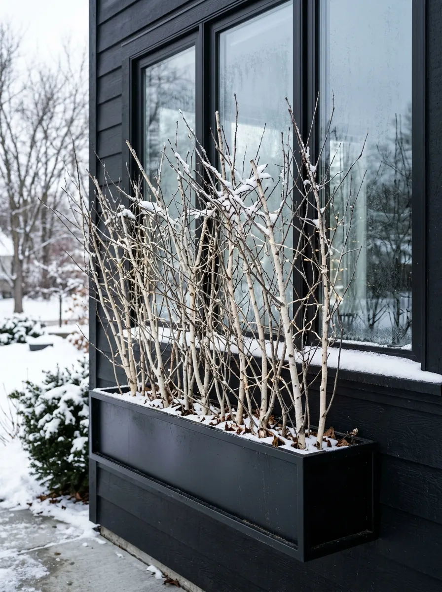 18 Winter Window Box Ideas That Bring Magical Seasonal Charm to Your Home Exterior 8 Modern minimalist winter window box with white birch branches and twig silhouettes on a black home exterior