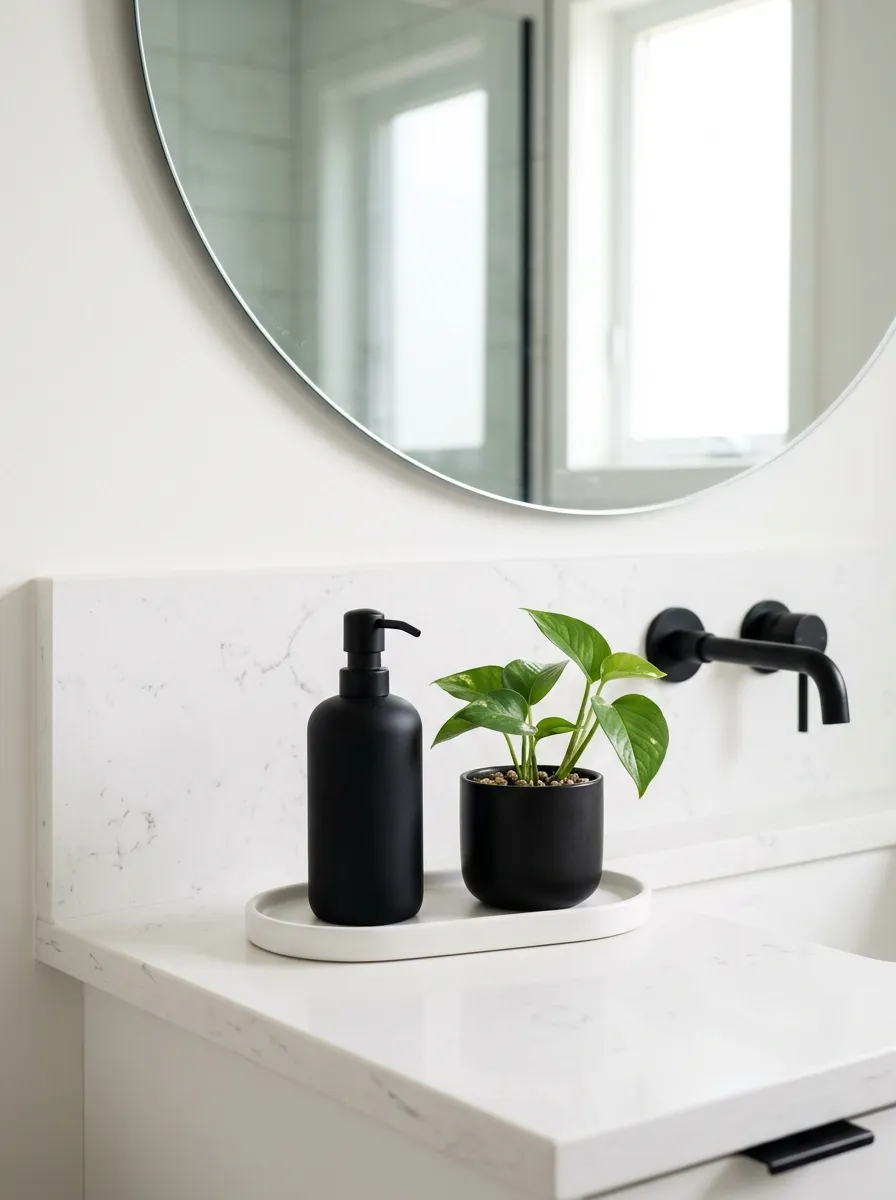 17 Bathroom Counter Styling Ideas for an Instant Aesthetic Glow Up That Looks Expensive 4 Bathroom counter styling in minimalist black and white with matte dispenser, ceramic planter, and oval tray