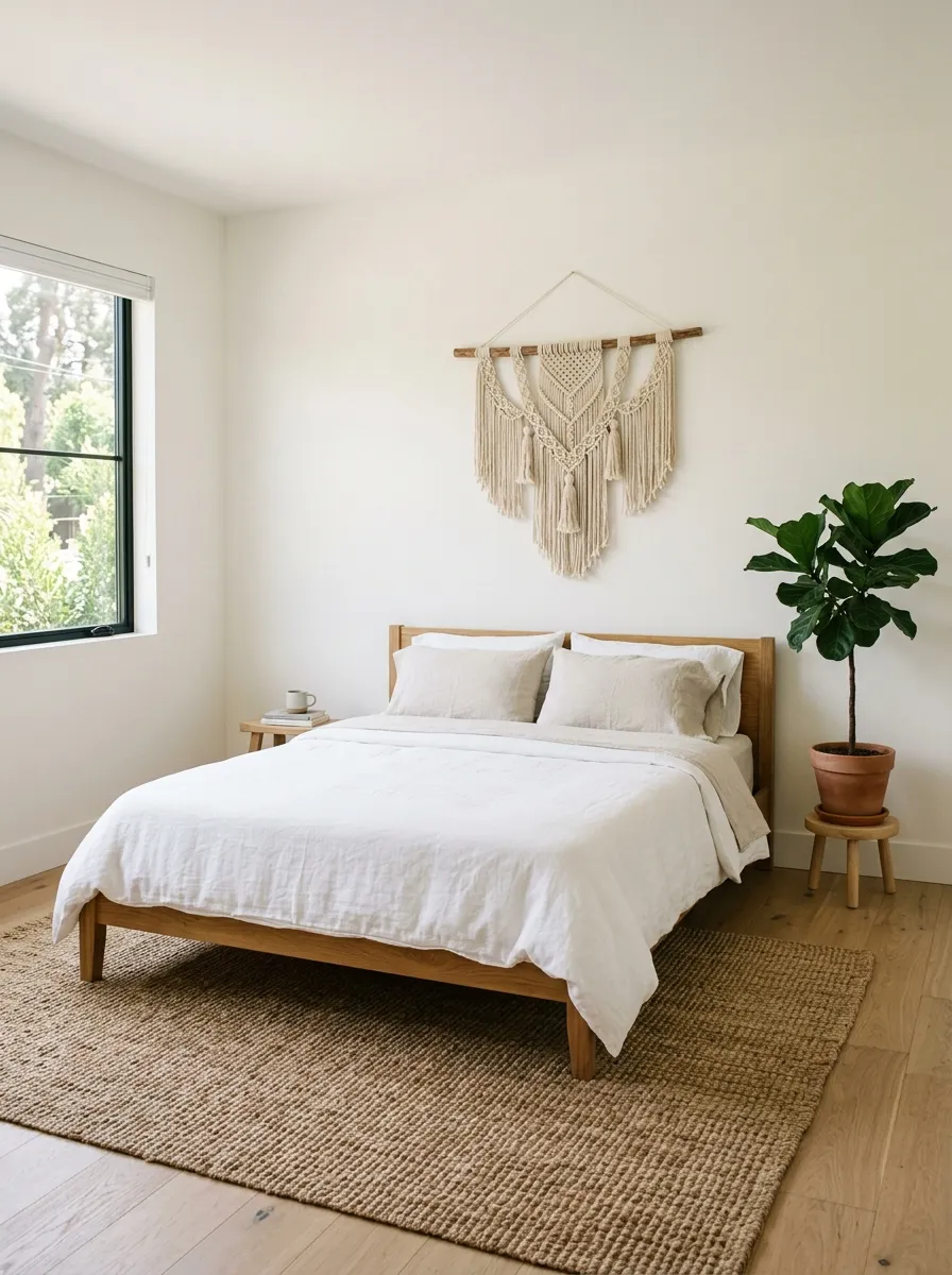 23 Curated Boho Bedroom Ideas for a Cozy, Inviting, and Effortlessly Stylish Retreat 12 White walls with a low wood bed, jute rug, and single macramé in a minimalist Boho bedroom style setup