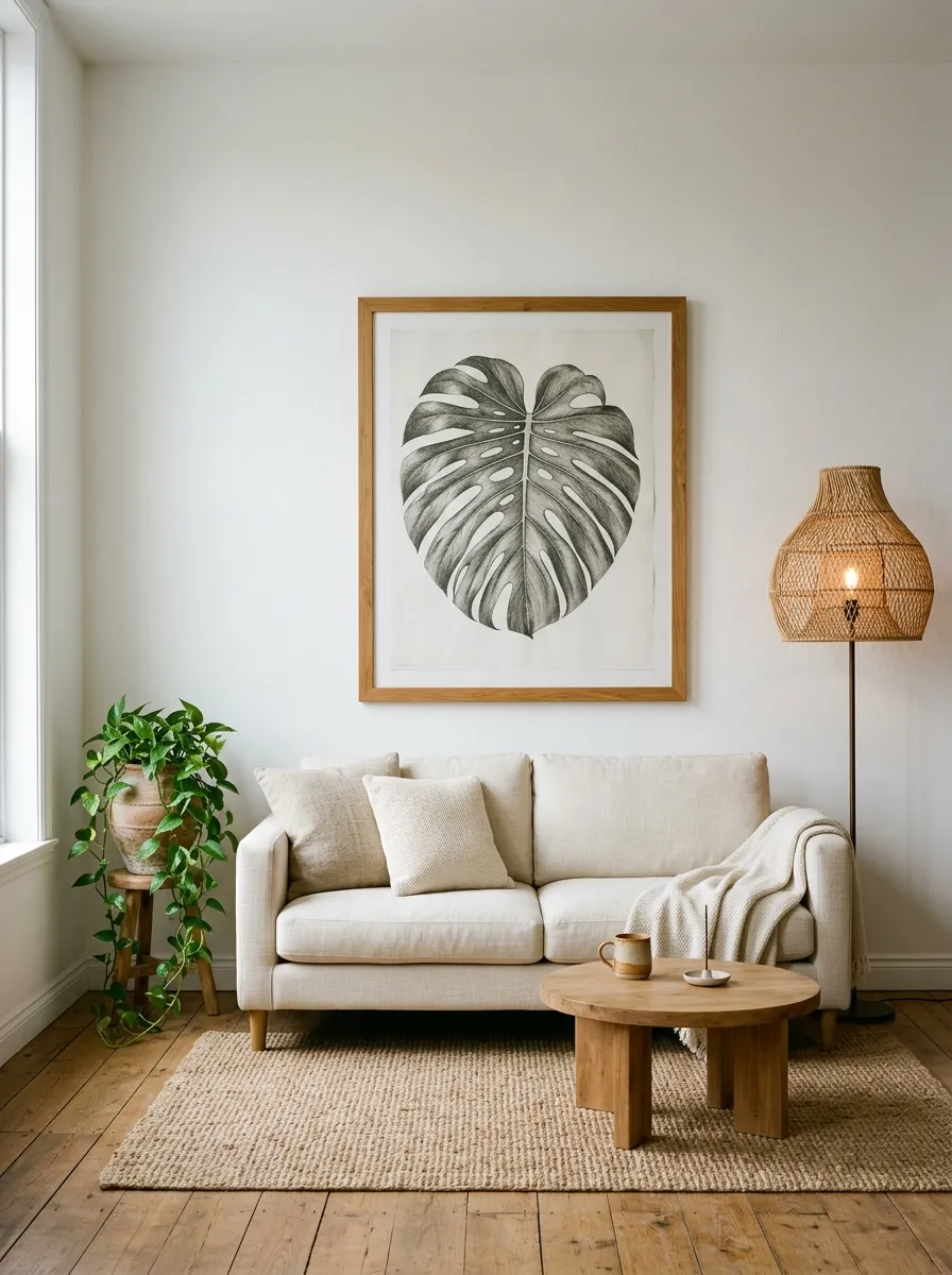 Calm minimalist Boho living room with cream linen sofa, rattan floor lamp, botanical print, jute rug, and single trailing plant in warm natural light