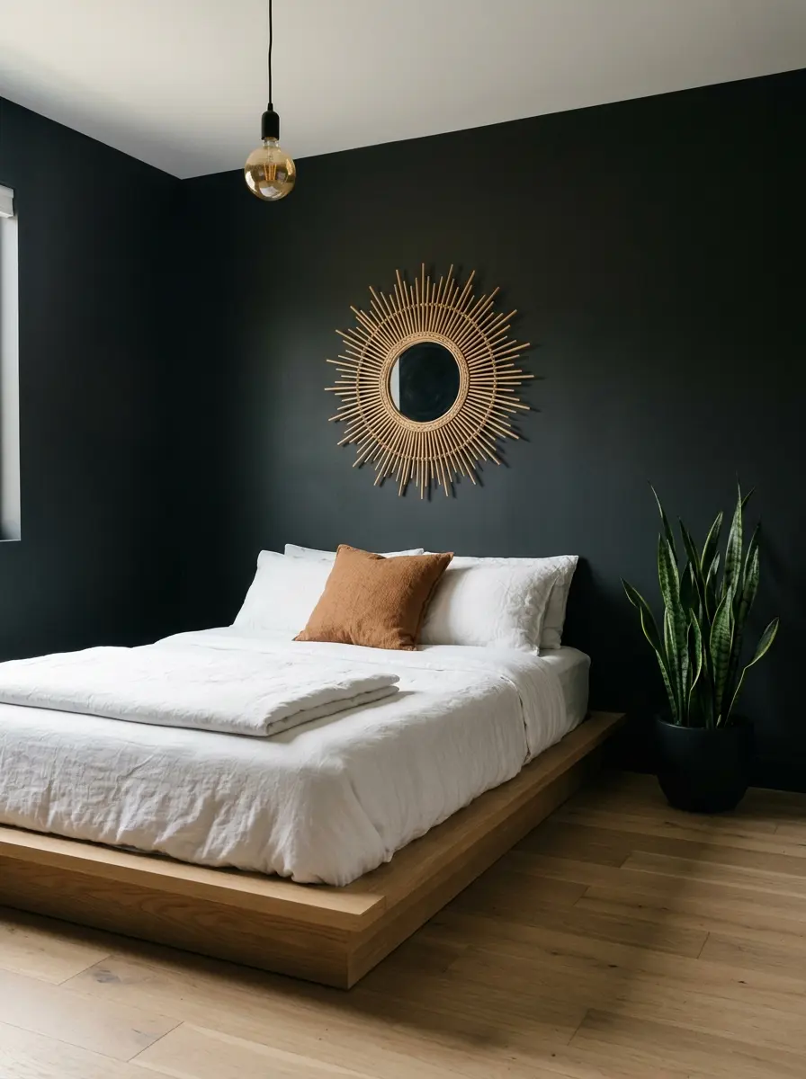 20 Dark Boho Bedroom Ideas That Embrace Moody Colors, Cozy Textures, and Relaxing Nighttime Style 20 A minimalist dark Boho bedroom with near black walls, crisp white bedding, a large sunburst rattan mirror, and a single snake plant