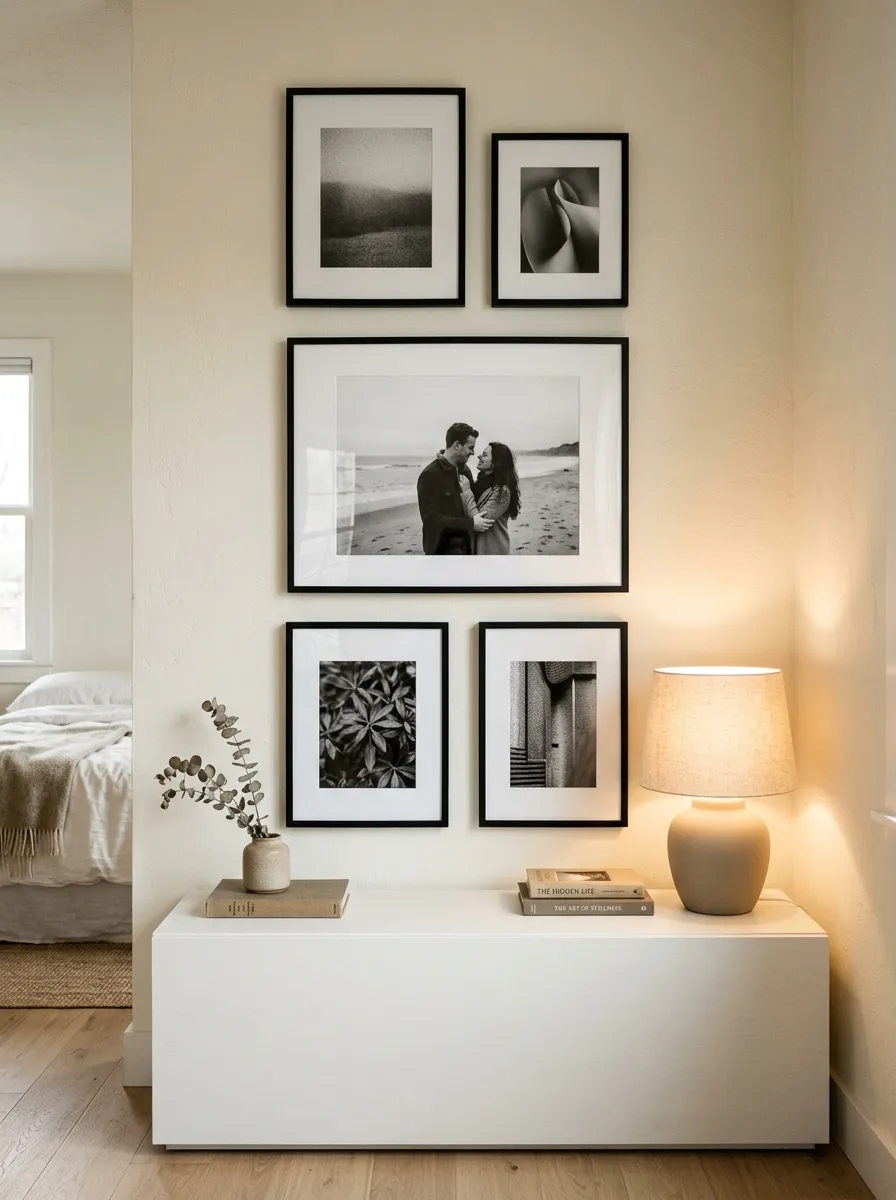 Black frame gallery wall with black and white prints above a dresser in a minimalist bedroom