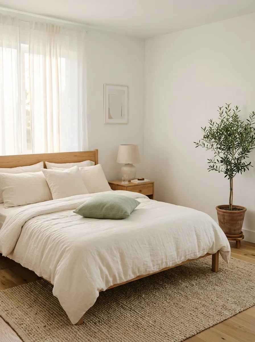 18 Inspiring Guest Bedroom Ideas That Create a Warm, Cozy, and Memorable Stay 13 Serene white and cream minimalist guest bedroom with oak furniture, jute rug, and pale sage accent pillow
