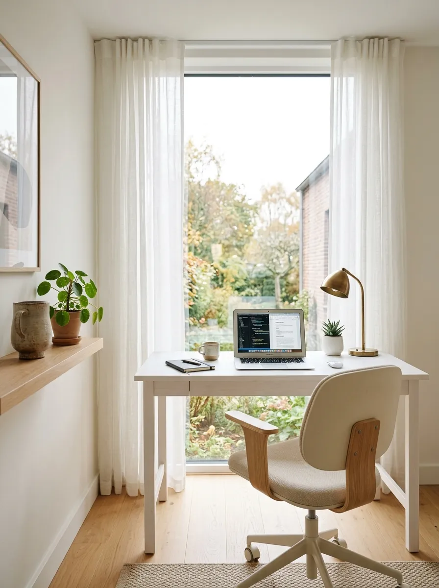 Minimalist home office design with white desk facing large window, natural light across open laptop, sheer curtains, and small brass desk lamp