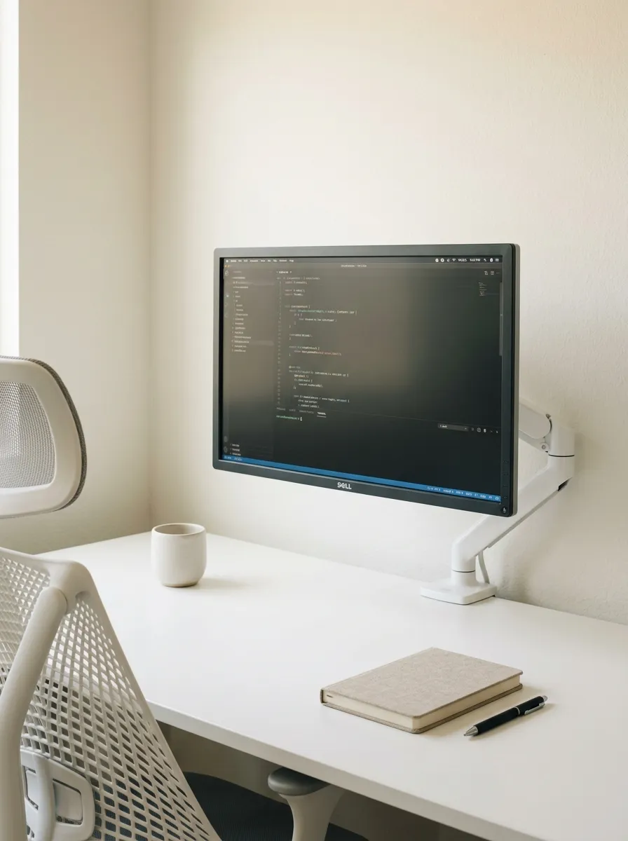 Minimalist home office design with clear white desk surface, monitor on arm, single notebook, one pen, and small ceramic vessel in soft warm light