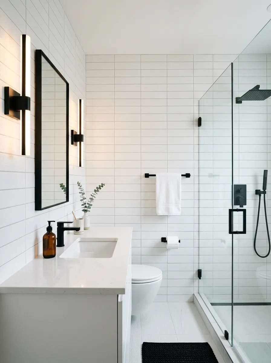 18 Black and White Bathroom Ideas That Photograph Beautifully and Look Just as Good in Real Life 5 Minimalist bathroom with full matte black fixtures on white tile walls and white quartz vanity
