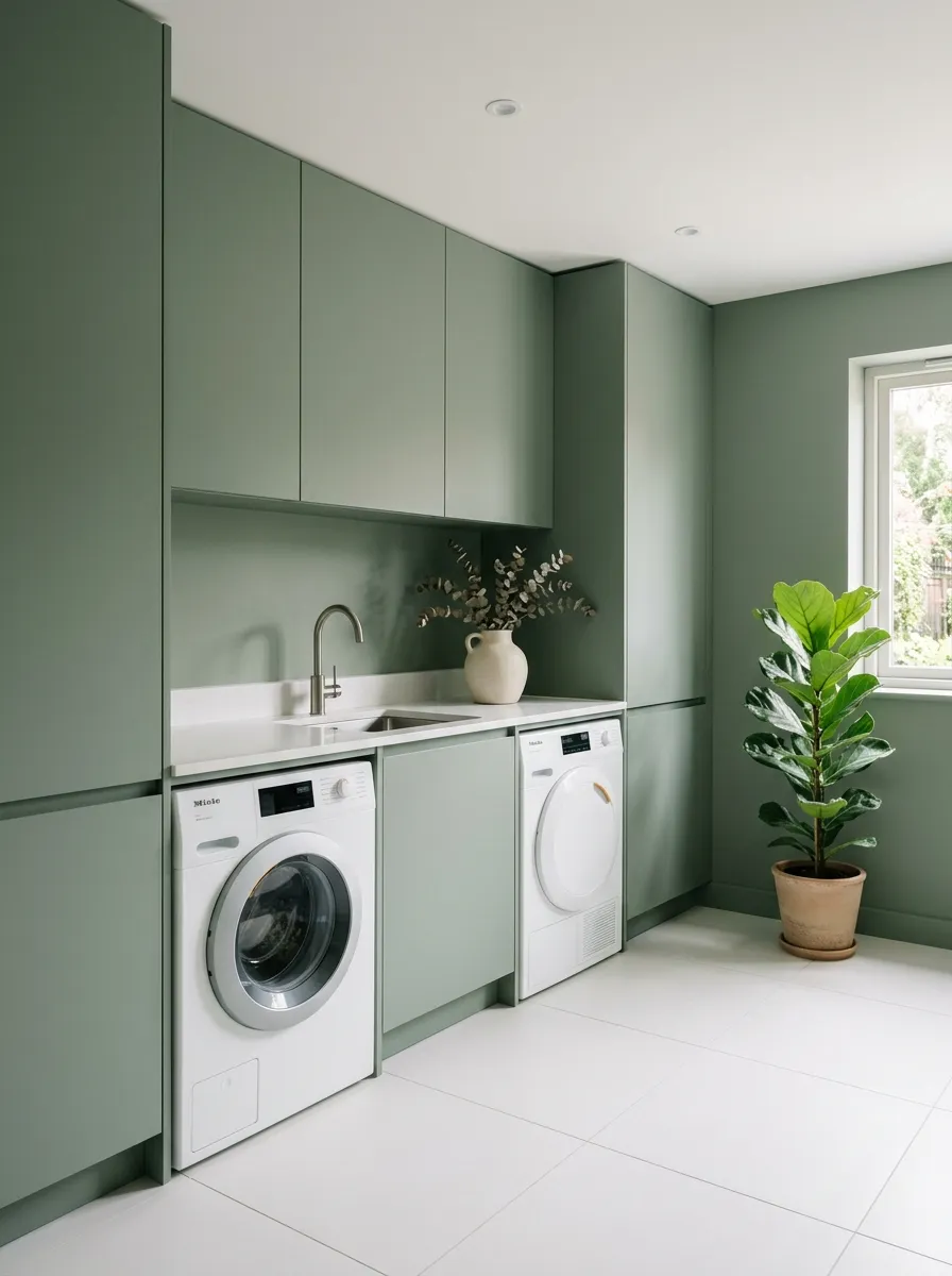 18 Green Laundry Room Ideas That Prove This Color Is More Than Just a Passing Design Trend 14 Minimalist sage green handleless flat front cabinet laundry room with white tile floor, integrated appliances, and single potted fiddle leaf fig