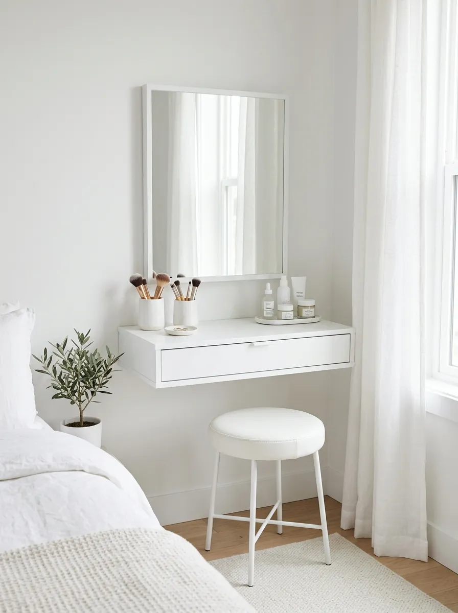 19 Small Bedroom Vanity Ideas to Create an Instagram Worthy Beauty Space With Style 15 All white minimalist vanity with floating shelf, white framed mirror and ceramic organizers in a small bedroom