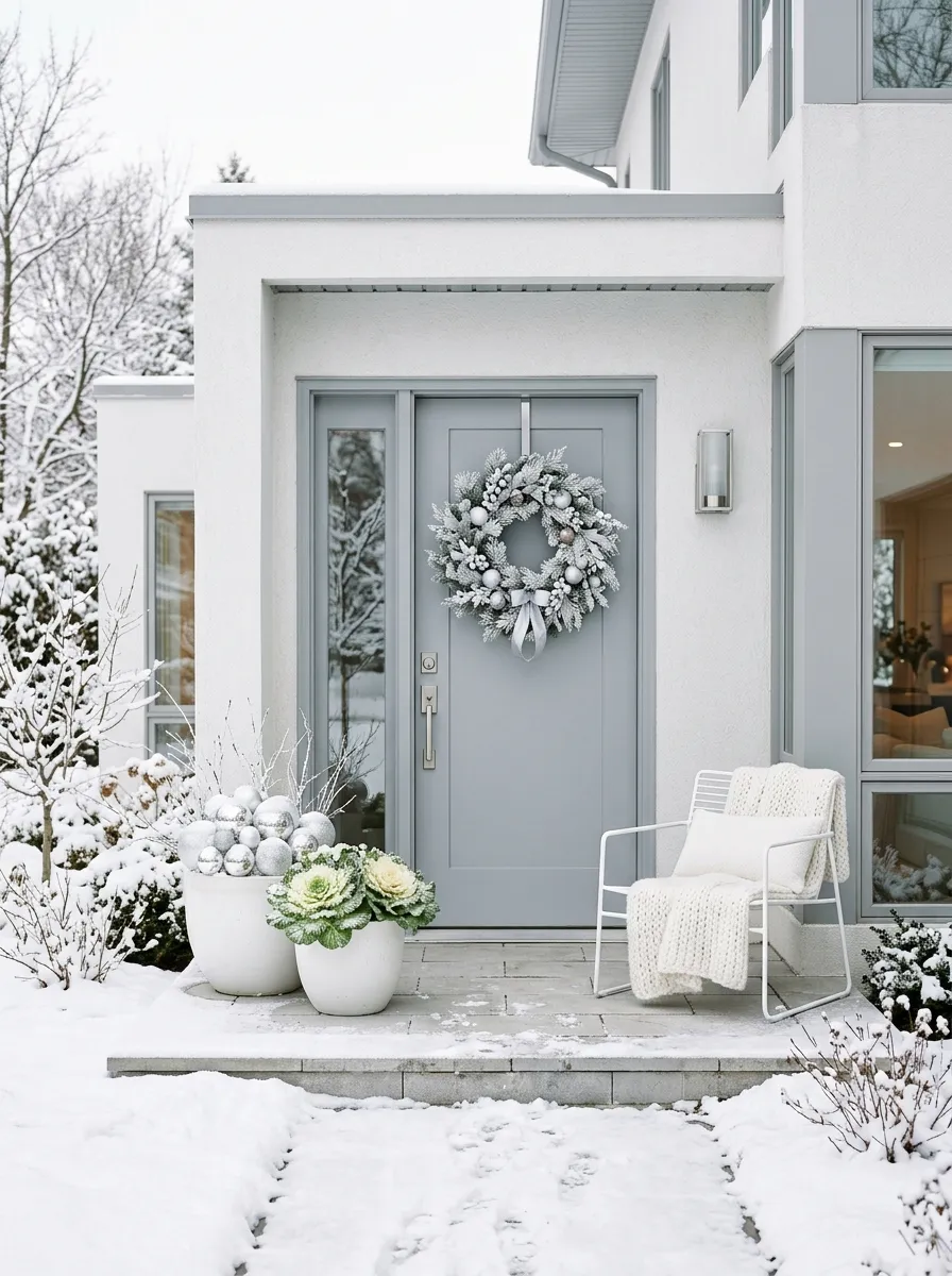 19 Winter Porch Decorating Ideas That Instantly Boost Cozy Curb Appeal All Season Long 9 Modern white porch styled in an all white silver monochrome palette as elegant cozy winter porch ideas for curb appeal