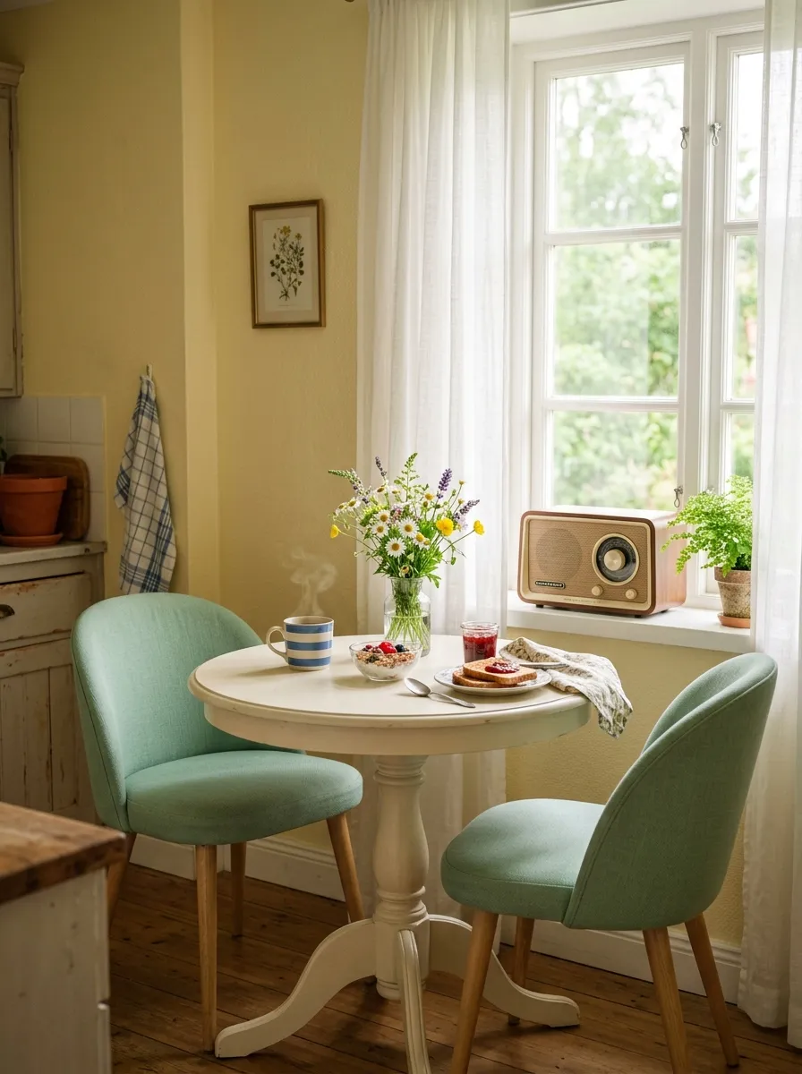 Cozy breakfast nook with mint green curved chairs, round white table, and a vintage radio by the window