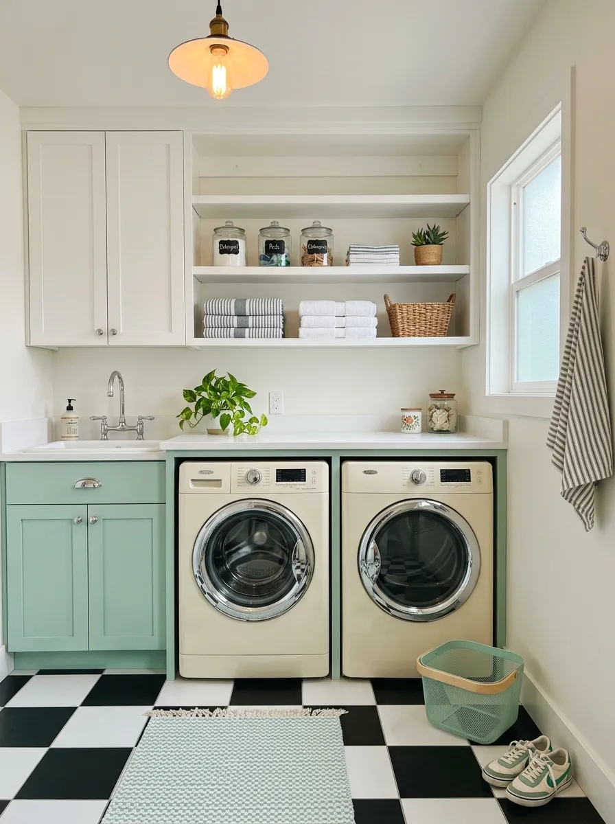 18 Green Laundry Room Ideas That Prove This Color Is More Than Just a Passing Design Trend 7 Mint green laundry room lower cabinets with white upper cabinets, black and white checkerboard floor, chrome fixtures, and cream retro appliances