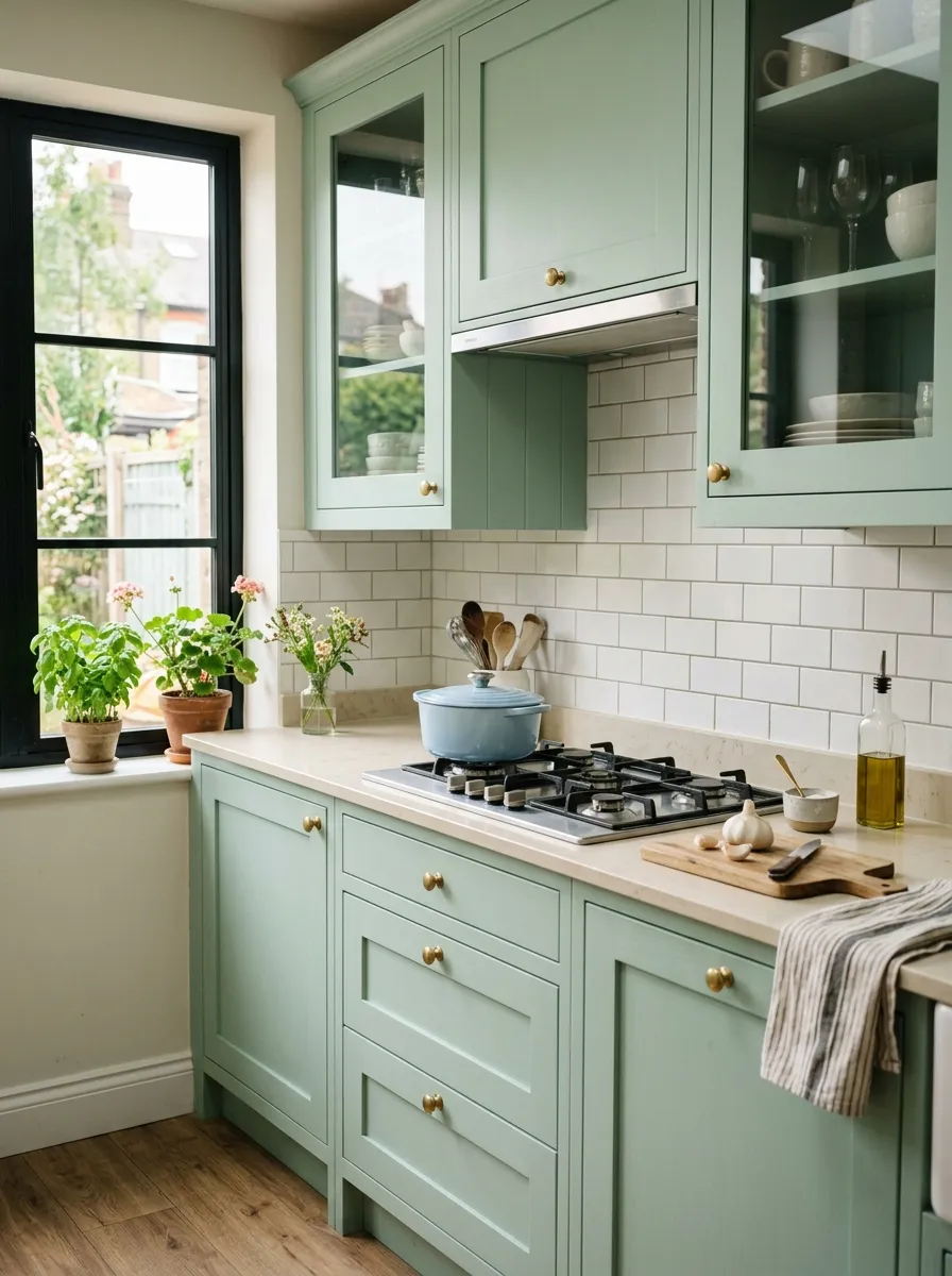 Soft mint green shaker cabinets with brass hardware and white subway tile in a vintage inspired kitchen