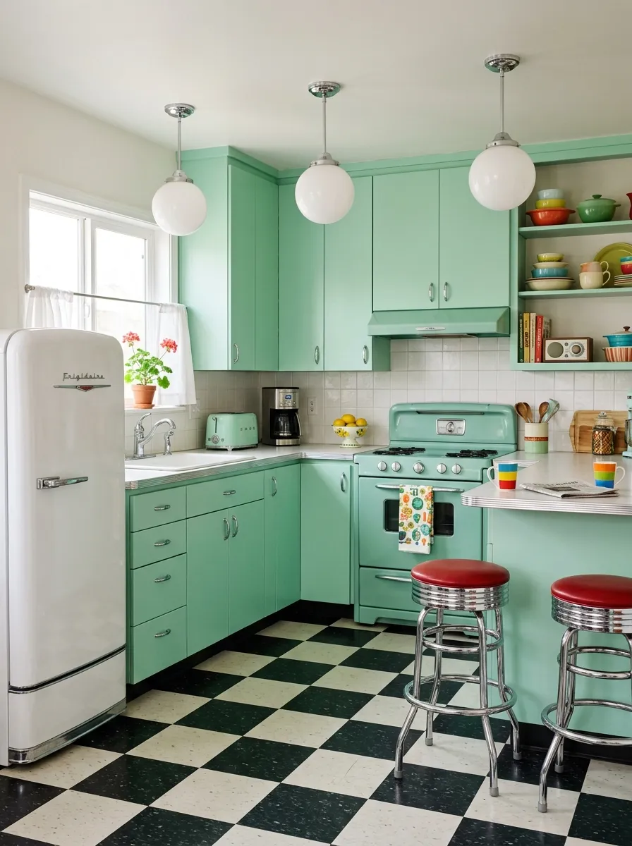Mint green retro kitchen with chrome hardware, black and white checkerboard floor, and white vintage style refrigerator in bright light
