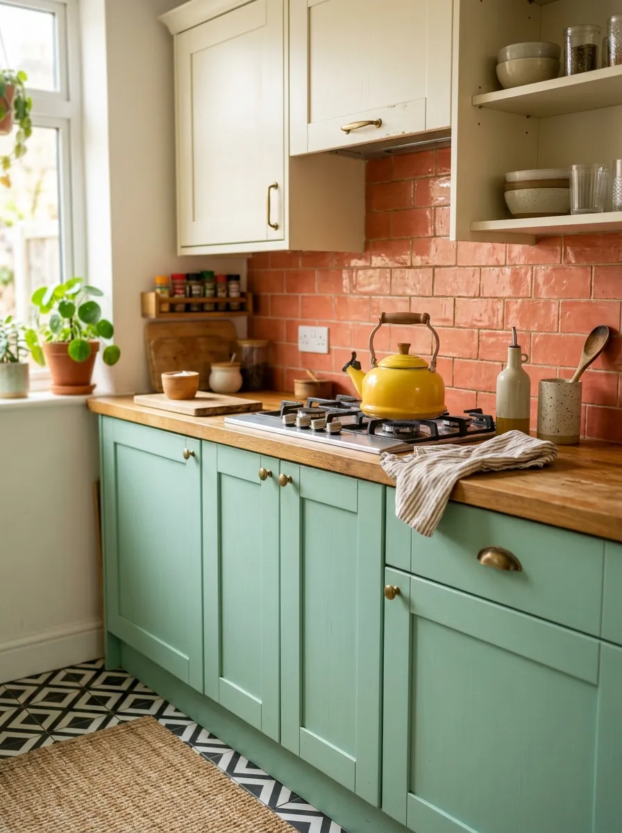 Color blocked retro kitchen vignette with mint cabinets, cream uppers, coral backsplash, and yellow enamel kettle