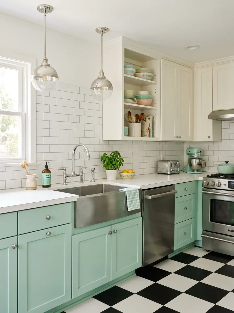 Mint green lower shaker cabinets and warm white upper cabinets in a retro inspired two toned kitchen cabinet design with chrome hardware