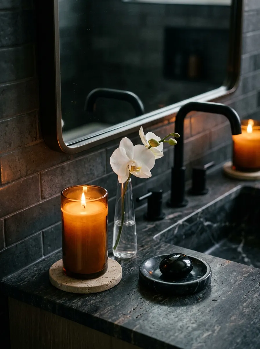 17 Bathroom Counter Styling Ideas for an Instant Aesthetic Glow Up That Looks Expensive 16 Bathroom vanity styling with amber pillar candle on travertine coaster, white orchid vase, and marble obsidian dish