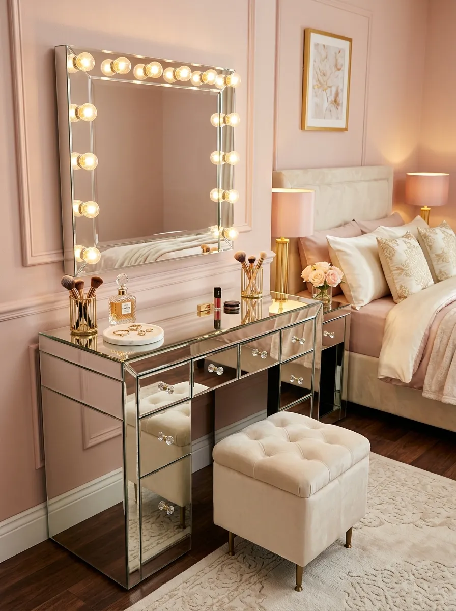 19 Small Bedroom Vanity Ideas to Create an Instagram Worthy Beauty Space With Style 8 Mirrored vanity table with Hollywood bulb mirror and gold accessories in a glamorous small bedroom setup