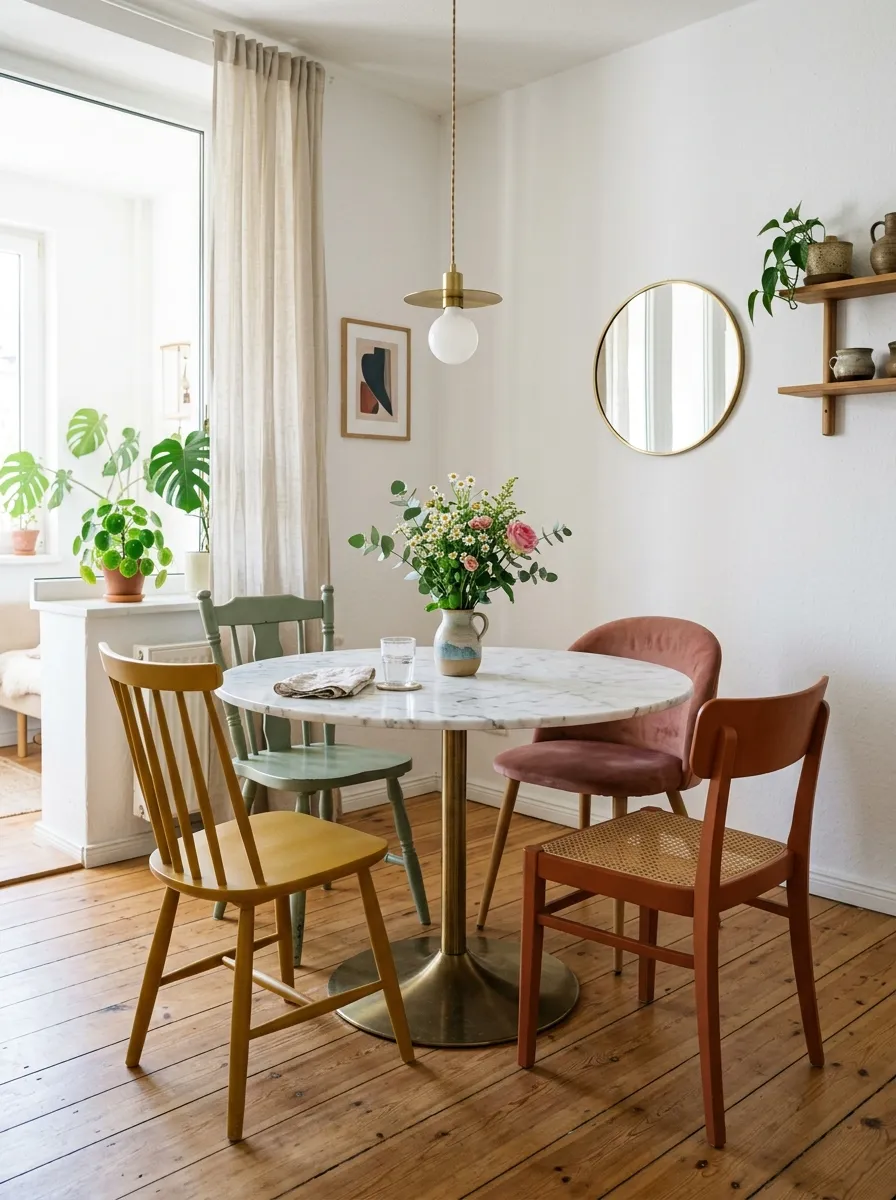 22 Colorful Apartment Decorating Ideas That Make Every Room Feel Bold, Stylish, and Cohesive 11 Mismatched colorful dining chairs in mustard yellow, sage green, dusty rose, and rust around a white apartment table