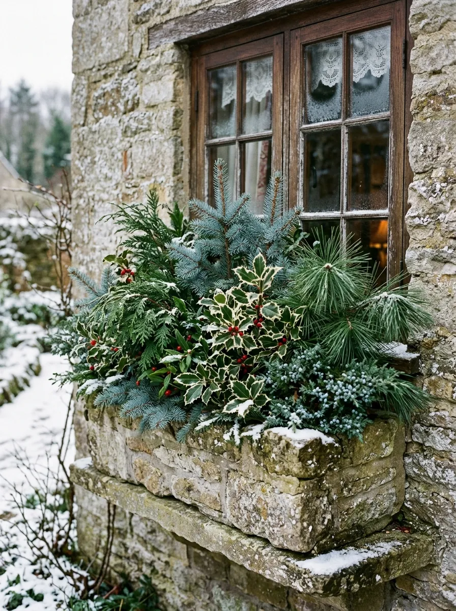18 Winter Window Box Ideas That Bring Magical Seasonal Charm to Your Home Exterior 10 Lush mixed evergreen winter window box ideas with blue spruce, cedar, holly, and pine on a stone cottage exterior