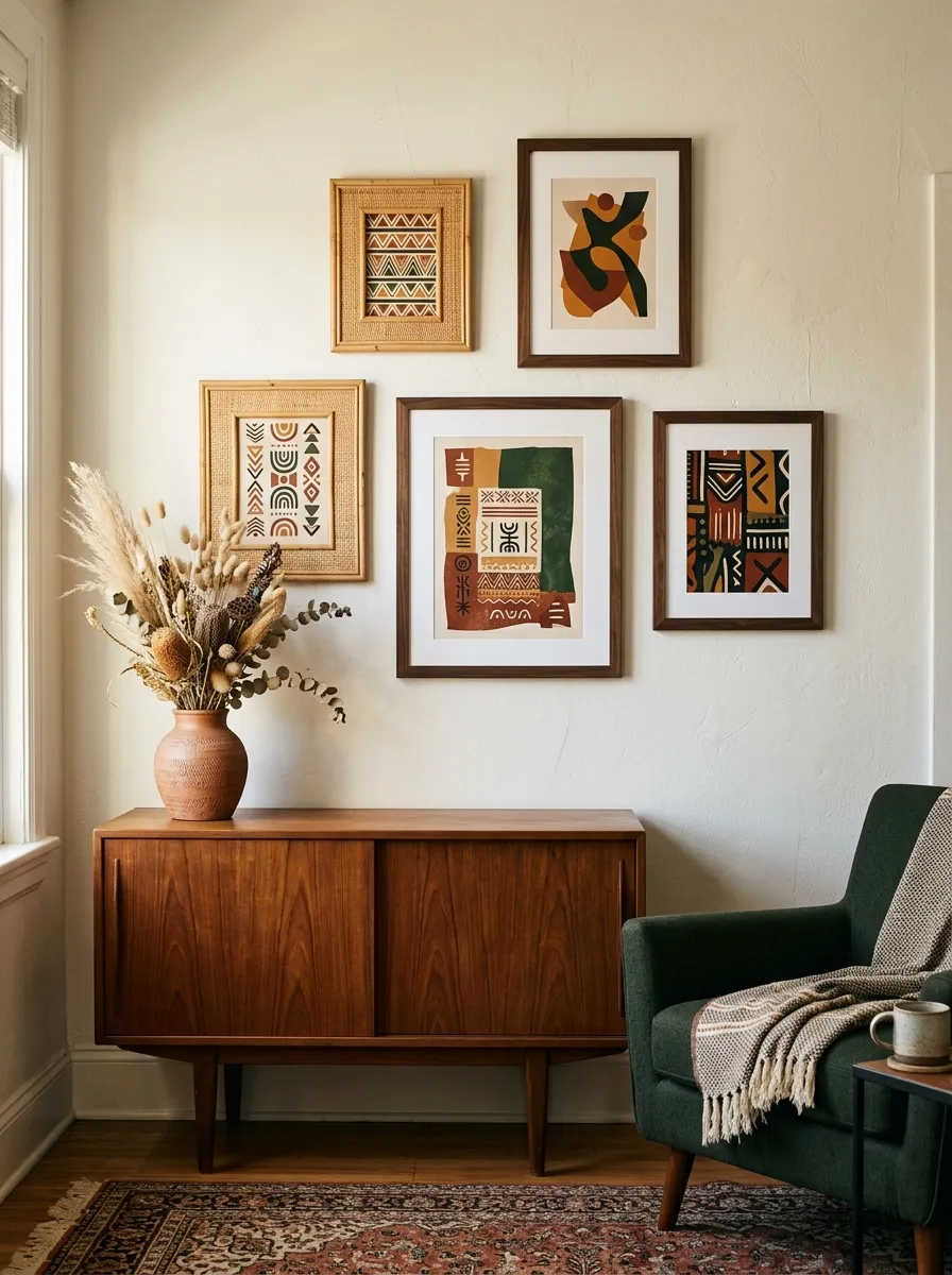23 Afro Boho Living Room Ideas That Feel Warm, Authentic, Stylish, and Truly Lived In 6 Gallery wall with African art prints and mixed frames above a teak sideboard in an Afro Boho Living Room