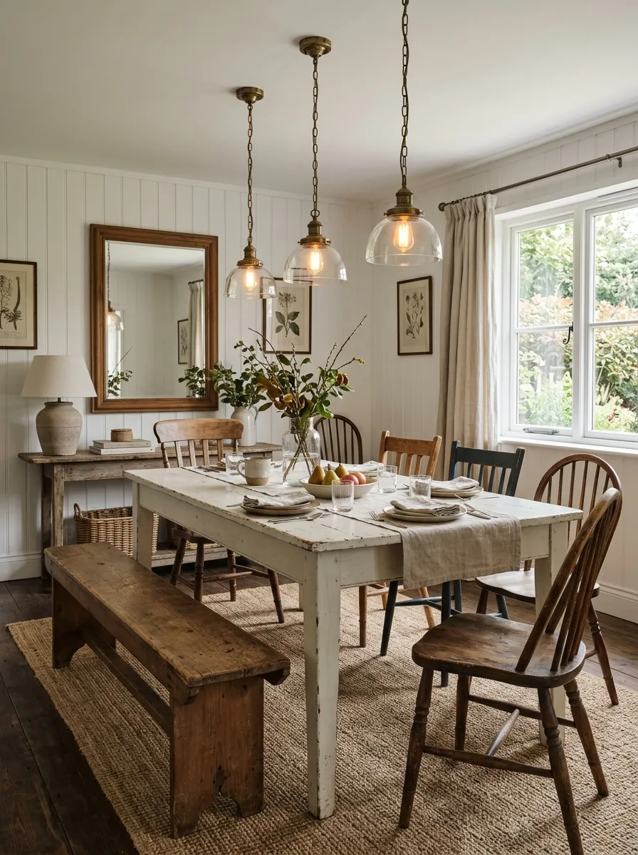 Modern farmhouse dining room with bench and mismatched wooden chairs, distressed white table, aged brass pendants, and sisal rug