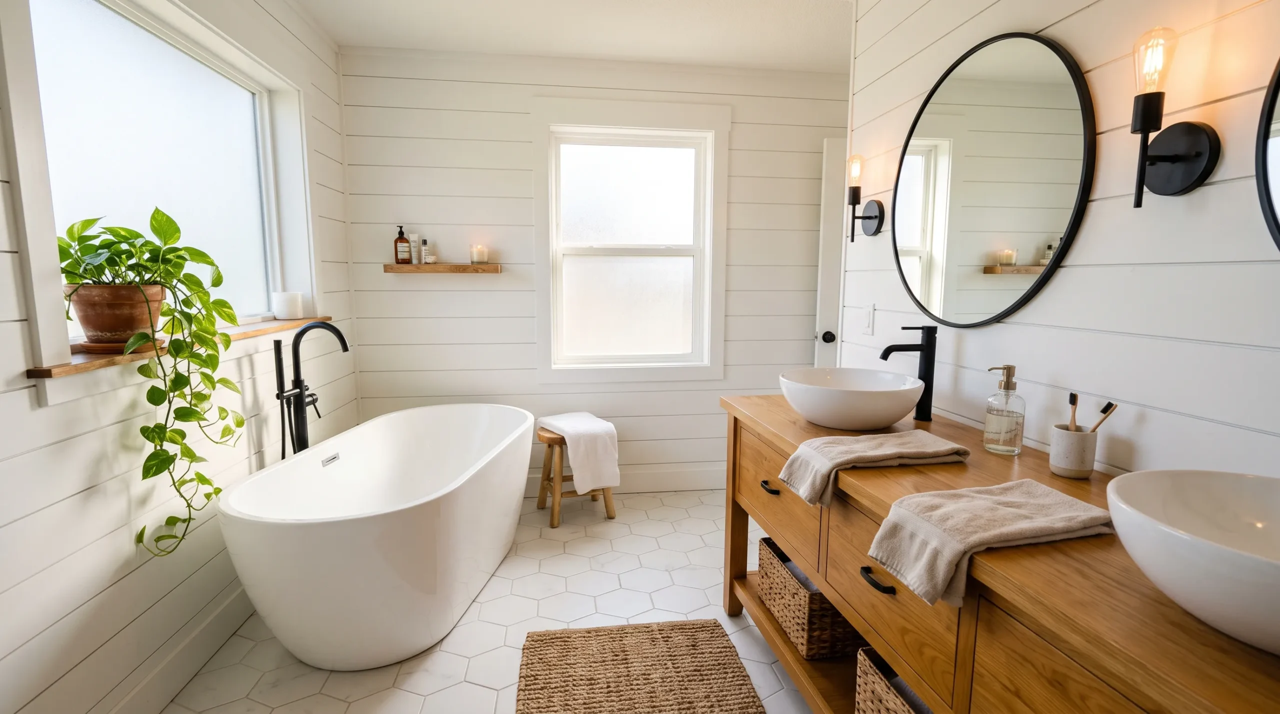 21 Modern Farmhouse Bathroom Ideas With the Exact Details That Make Them Pinterest Worthy 5 A modern farmhouse bathroom with shiplap walls, freestanding tub, wood vanity, and matte black fixtures in warm morning light
