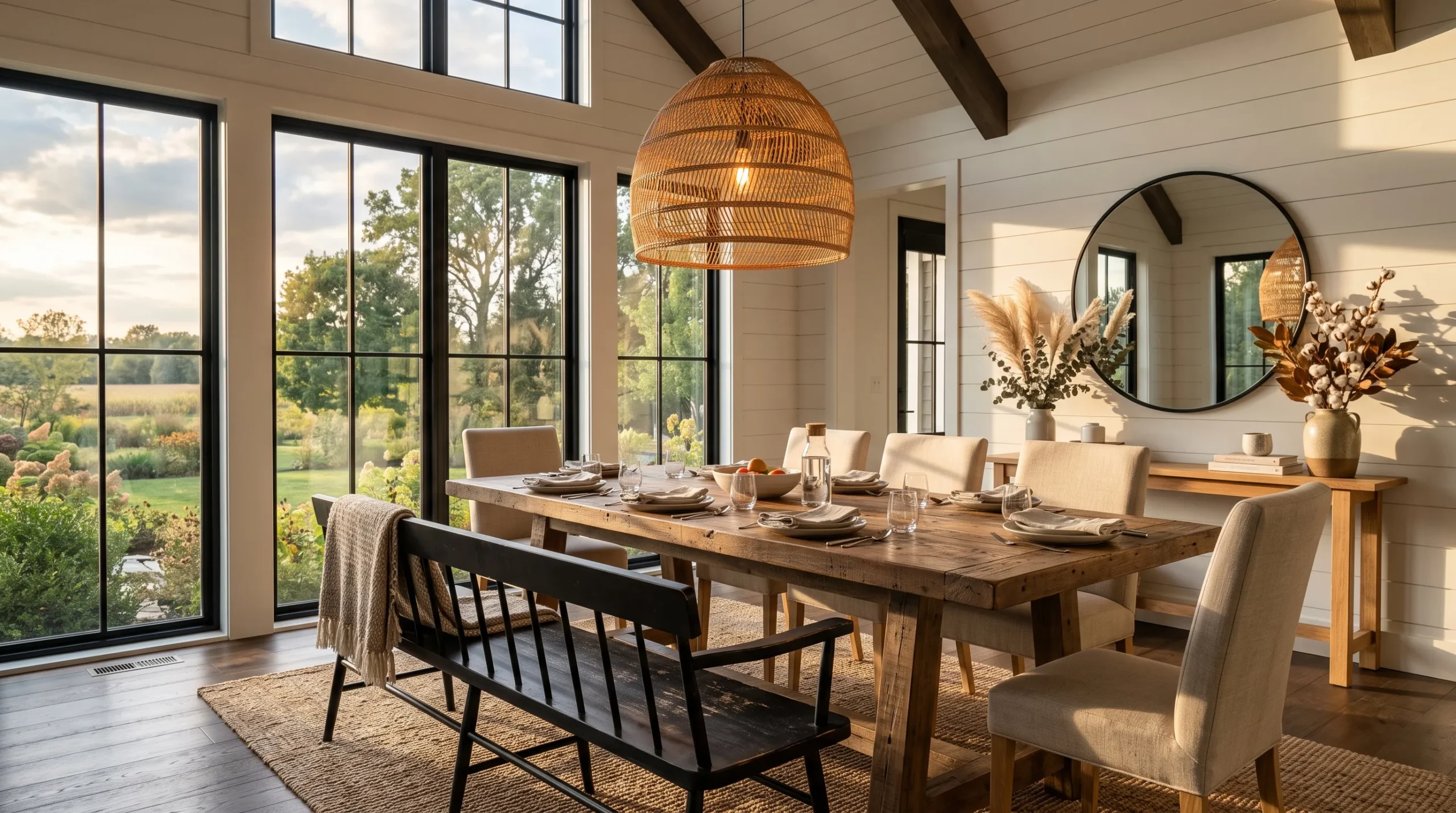 17 Modern Farmhouse Dining Room Ideas That Reveal the Design Principles Behind This Timeless Style 2 Modern farmhouse dining room with reclaimed wood table, linen chairs, black metal bench, and oversized rattan pendant light