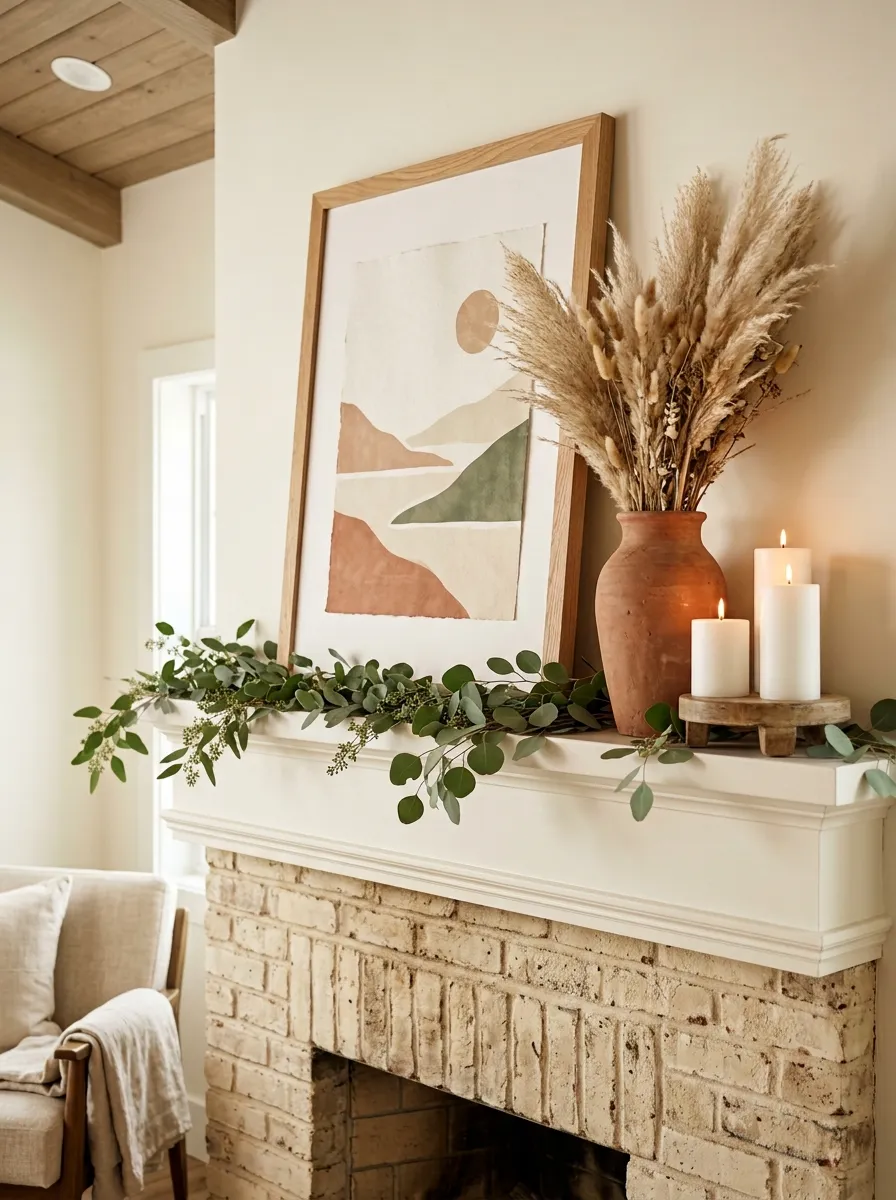 21 Modern Farmhouse Living Room Ideas That Perfectly Balance Texture, Warmth, and Modern Style 4 A warm modern farmhouse fireplace mantel with leaning art, tall terracotta vase, dried pampas, and white pillar candle cluster beautifully arranged.