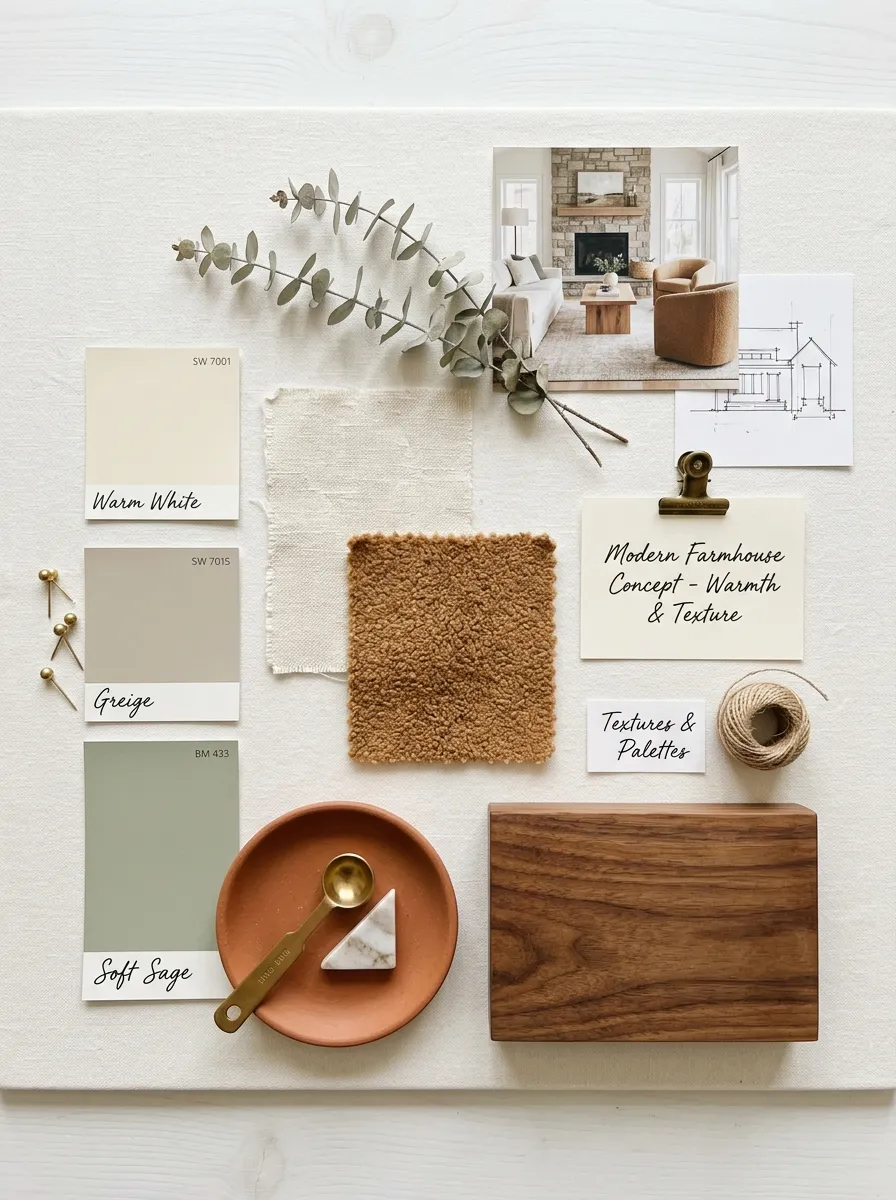 21 Modern Farmhouse Living Room Ideas That Perfectly Balance Texture, Warmth, and Modern Style 16 A farmhouse living room color palette mood board featuring warm white, greige, caramel, terracotta, and soft sage swatches with linen and wood samples.