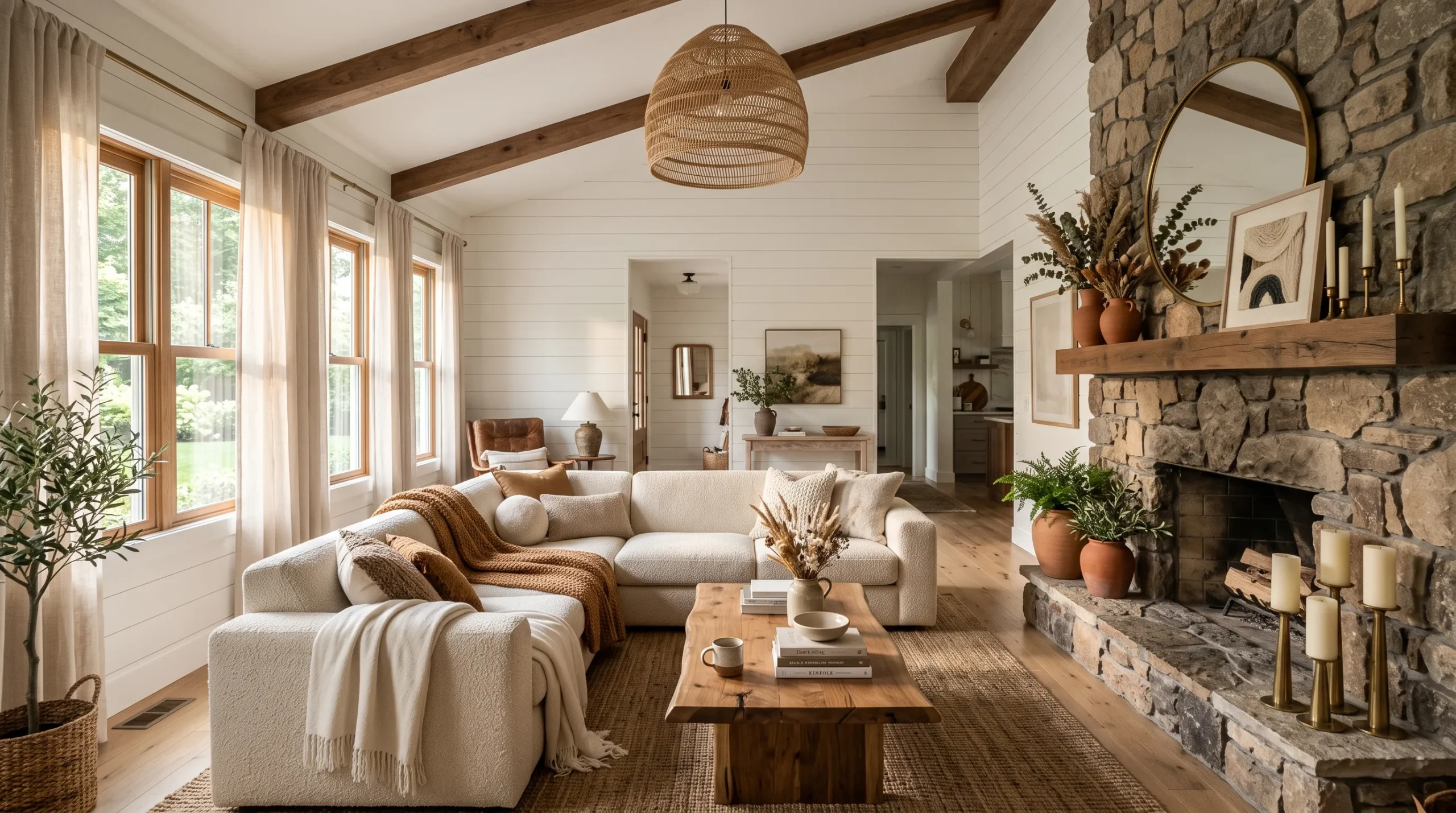 21 Modern Farmhouse Living Room Ideas That Perfectly Balance Texture, Warmth, and Modern Style 3 A warm and beautifully styled modern farmhouse living room with shiplap walls, wood beams, cream boucle sofa, and stone fireplace.