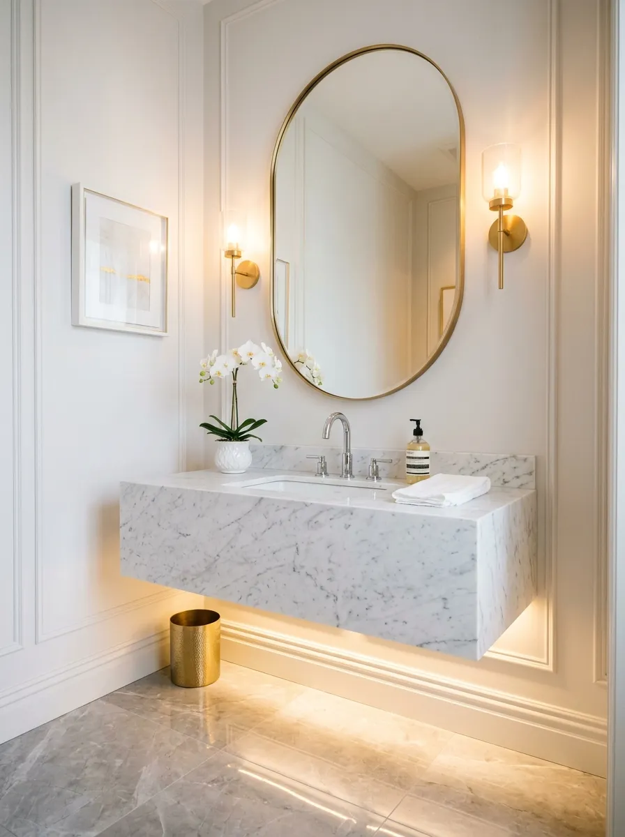 16 Half Bathroom Ideas That Maximize Style, Function, and Impact in a Small Space 2 Modern glam half bath with white marble floating vanity, brushed gold mirror, and warm LED under cabinet lighting