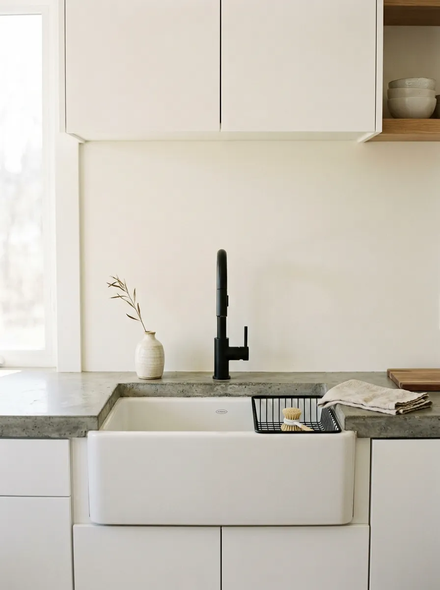 Matte white apron front farmhouse sink with smooth concrete countertops and matte black faucet in a minimalist kitchen
