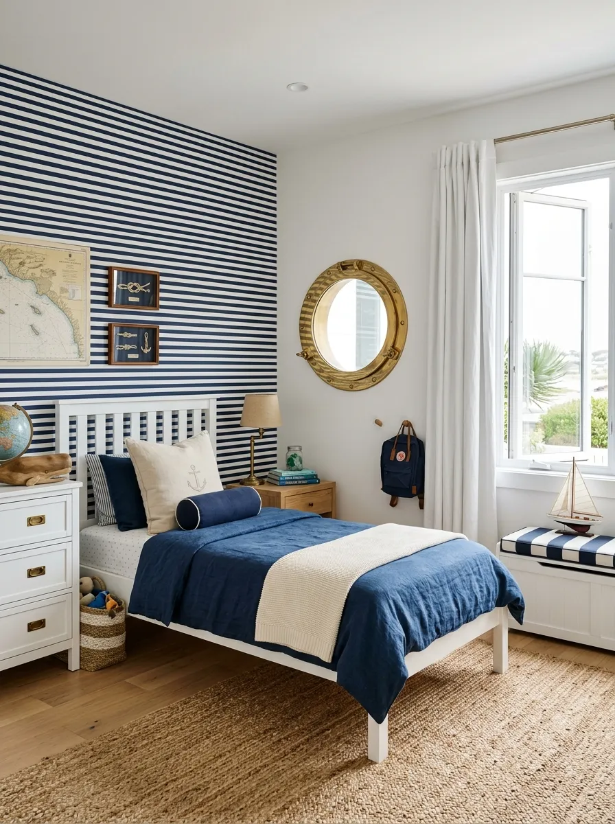 Bedroom ideas for older kids featuring a modern nautical theme with navy striped wallpaper, porthole mirror, and jute rug