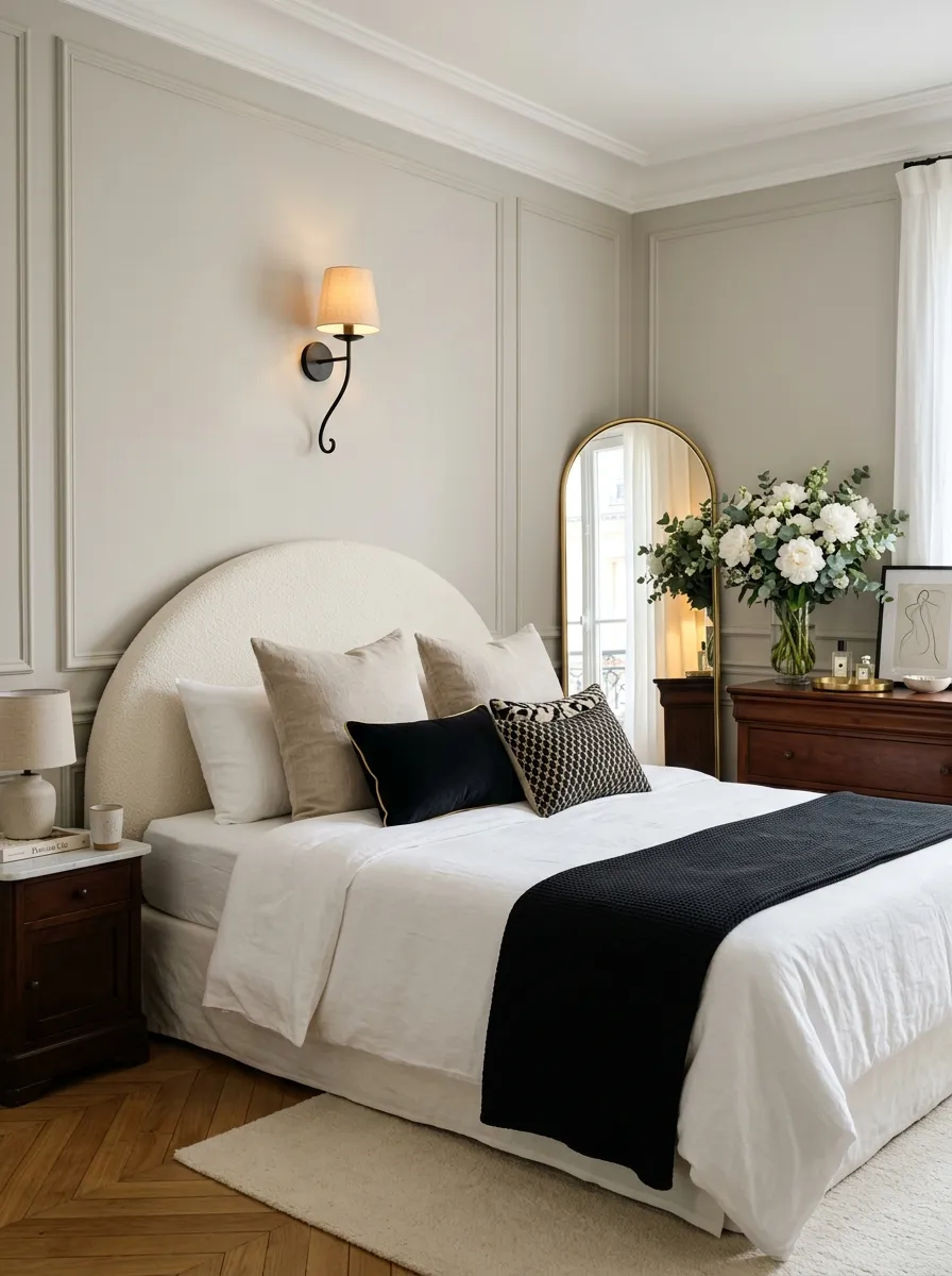 Modern Parisian boutique bedroom with curved ivory headboard, herringbone floors, and arched brass mirror in an elegant refined style