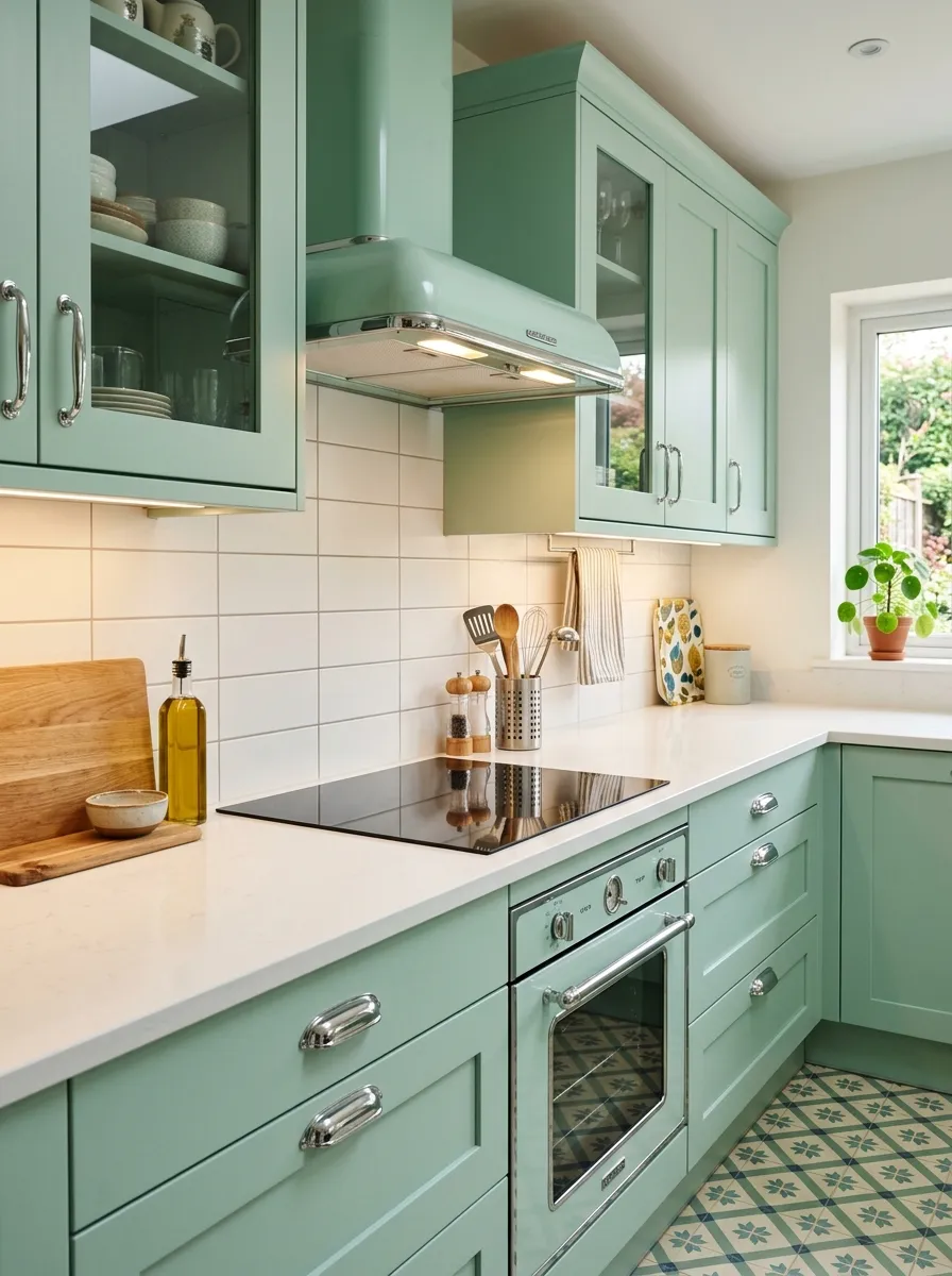 Functional retro kitchen with mint green cabinets, modern built in appliances, vintage style hood, and chrome hardware