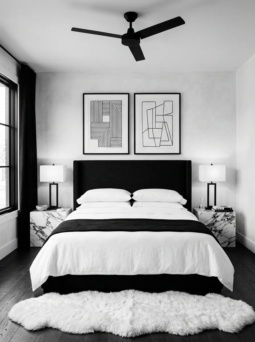 Monochrome black and white boutique bedroom with black linen headboard, white marble nightstands, and abstract prints for a bold graphic look