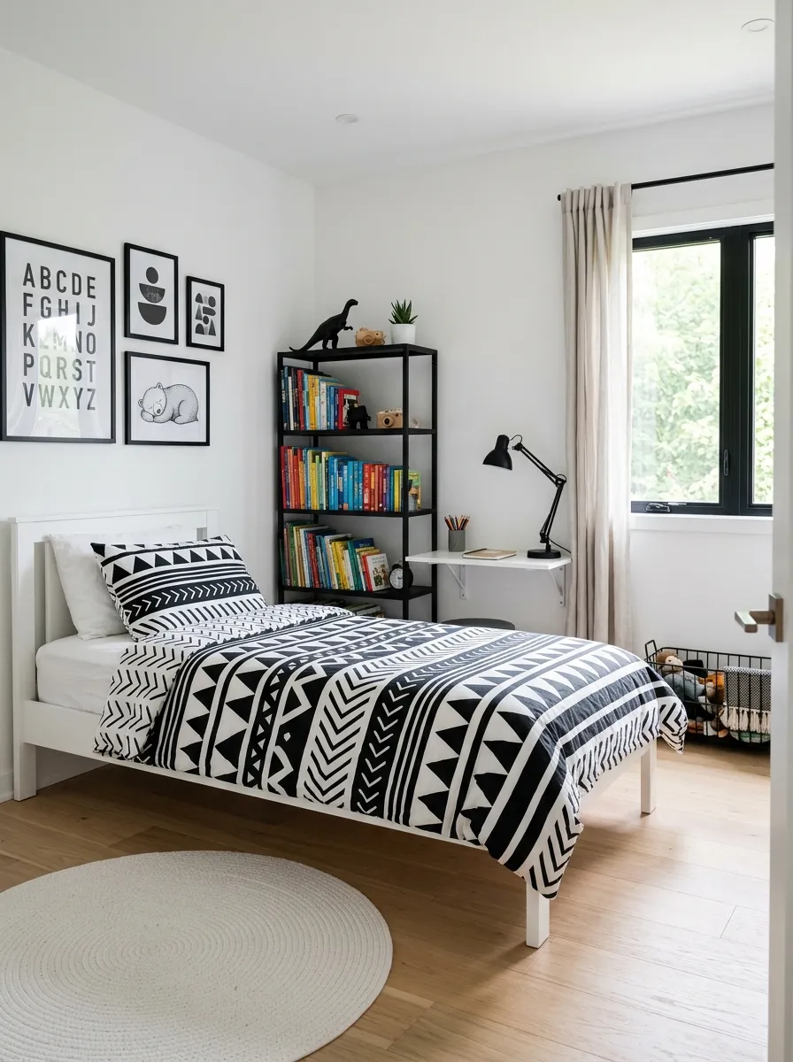 Big kids bedroom ideas with a monochrome black and white theme, geometric bedding, and bold open metal bookshelf