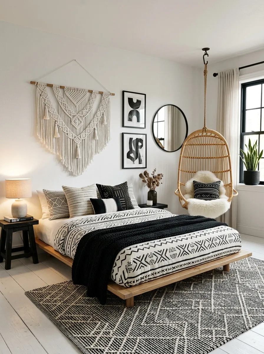 23 Curated Boho Bedroom Ideas for a Cozy, Inviting, and Effortlessly Stylish Retreat 16 Black and white Boho bedroom with rattan hanging chair, patterned duvet, and macramé wall hanging