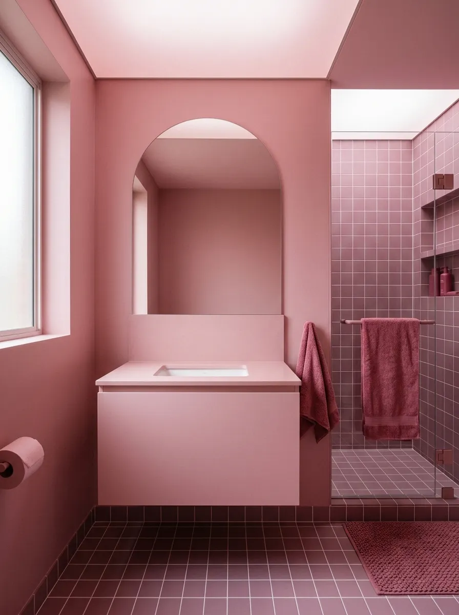 Fully monochromatic pink bathroom with blush ceiling, dusty rose walls, and mauve tiles immersive pink bathroom design