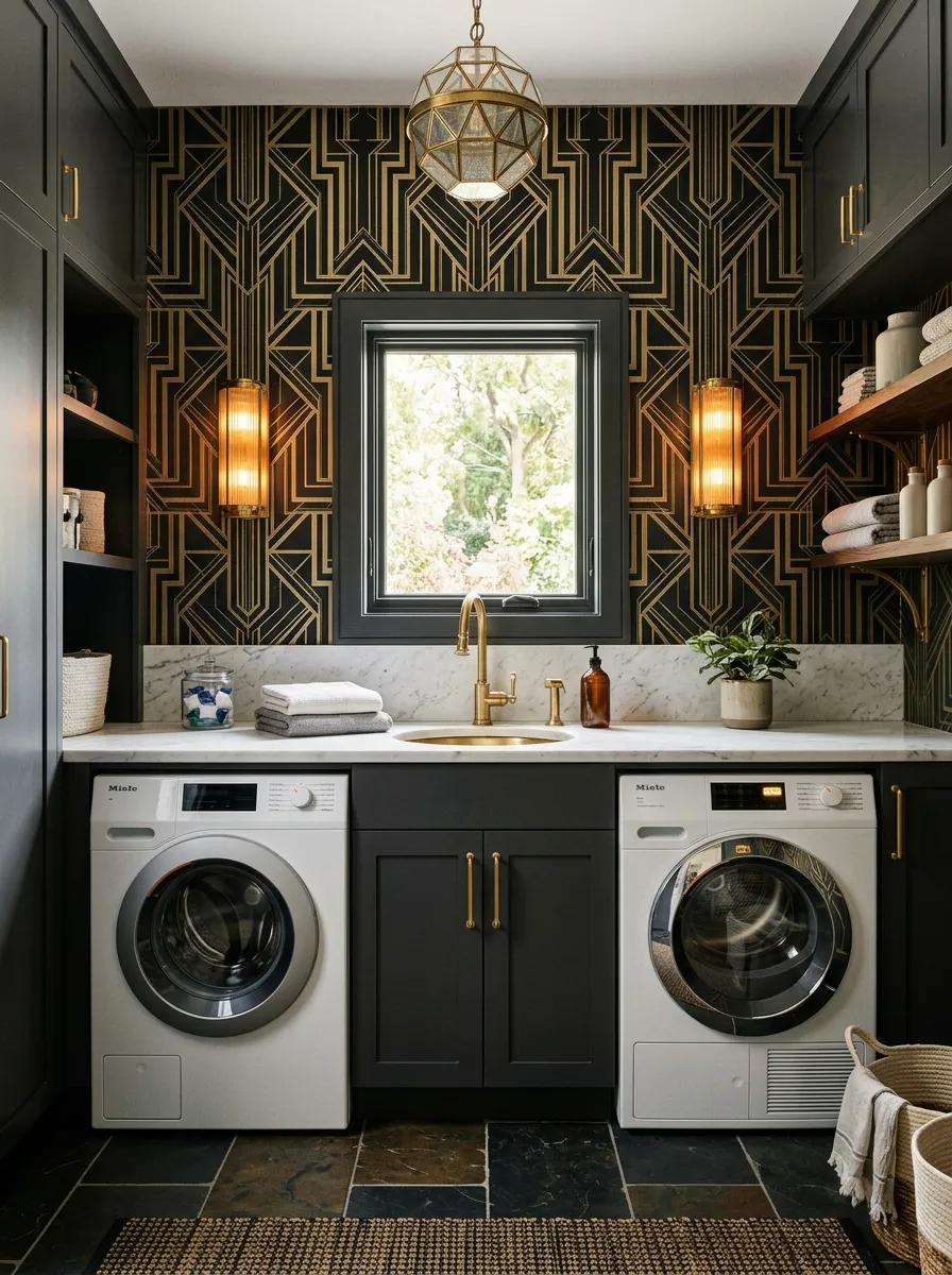 Dramatic laundry room with bold black and gold Art Deco laundry room wallpaper, charcoal cabinetry, round brass pendant light, and marble countertop