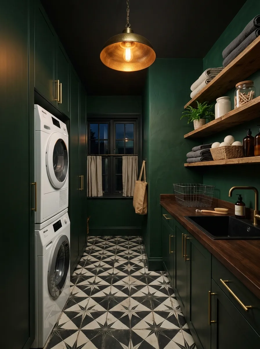 18 Green Laundry Room Ideas That Prove This Color Is More Than Just a Passing Design Trend 10 Moody dark green laundry room with bold geometric tile floor, brass pendant light, flat front green cabinetry, and white front load appliances