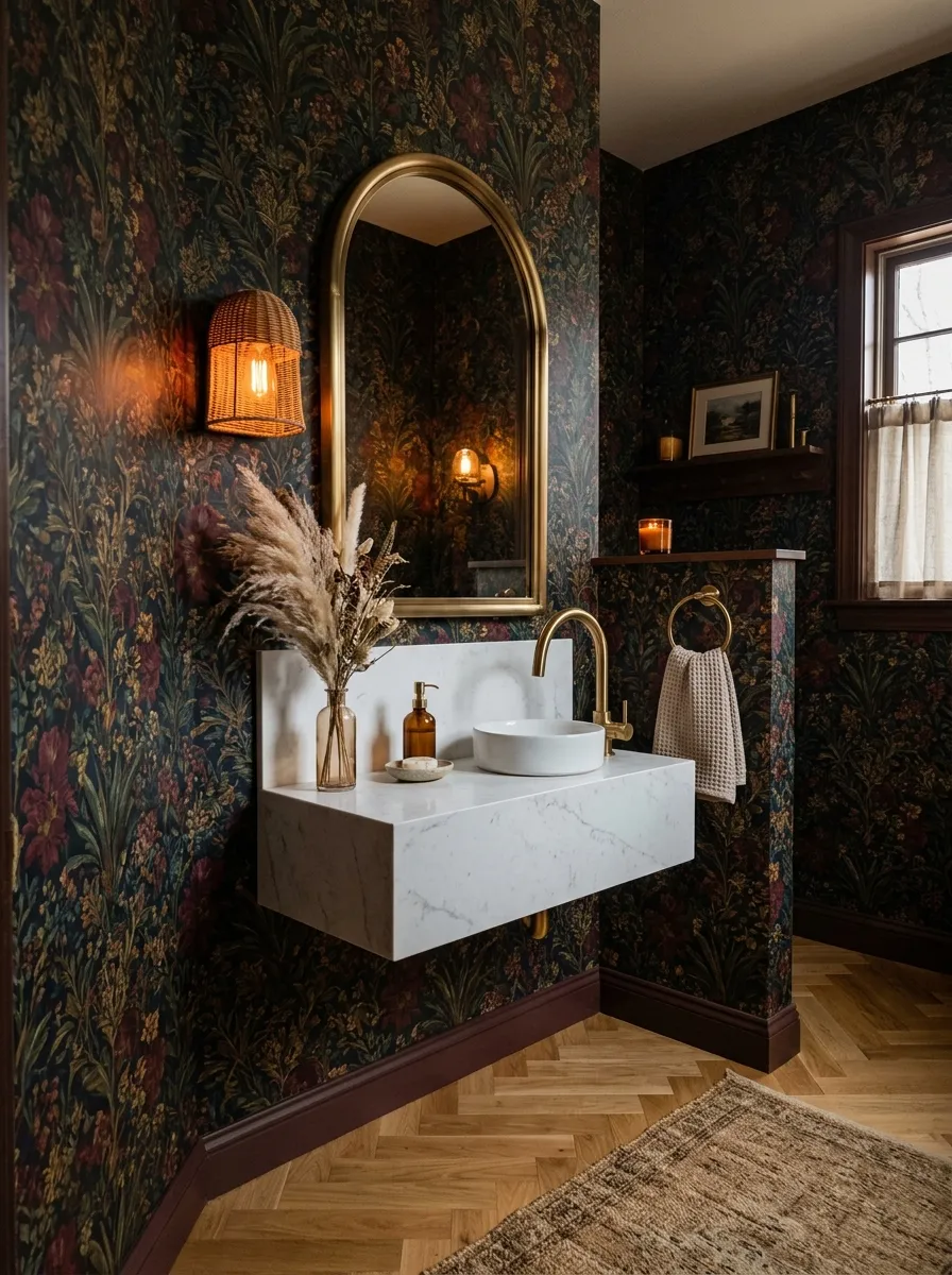 16 Half Bathroom Ideas That Maximize Style, Function, and Impact in a Small Space 8 Moody half bathroom with dark floral wallpaper in burgundy and green, arched brass mirror, white floating vanity, herringbone floor