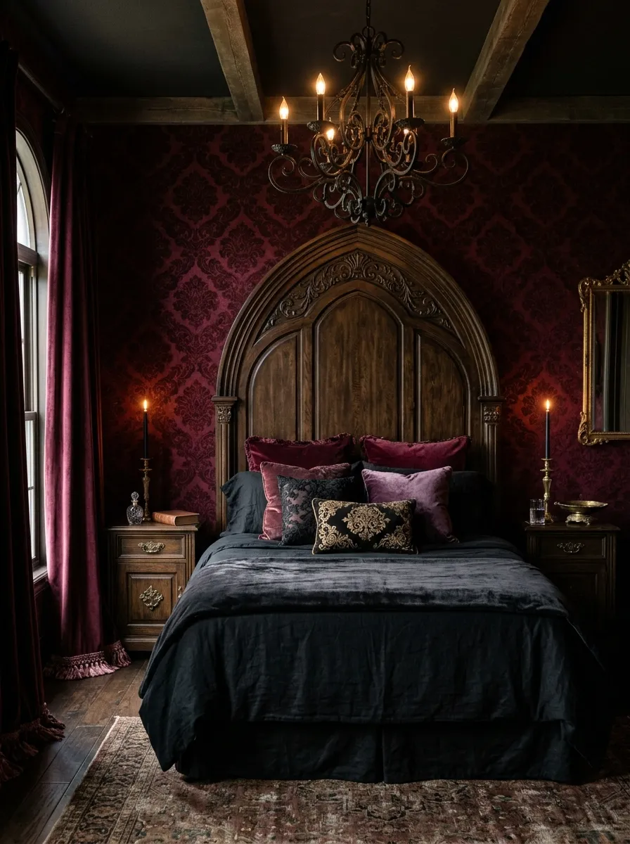 Gothic romance boutique bedroom with burgundy velvet walls, dark wood arched headboard, and wrought iron chandelier for a dramatic moody look