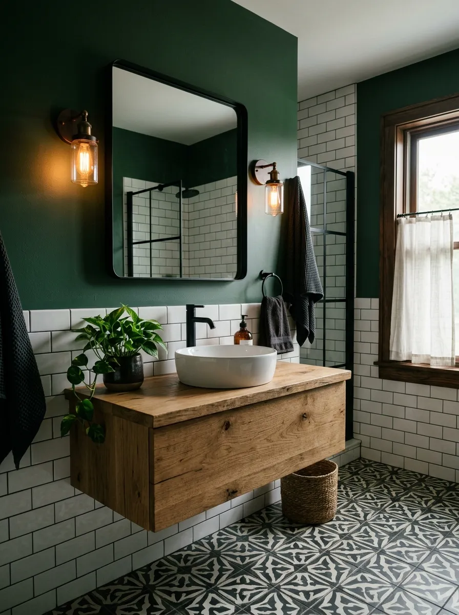 Moody dark farmhouse bathroom with deep green walls, white subway tile, oak vanity, and matte black fixtures in warm Edison light