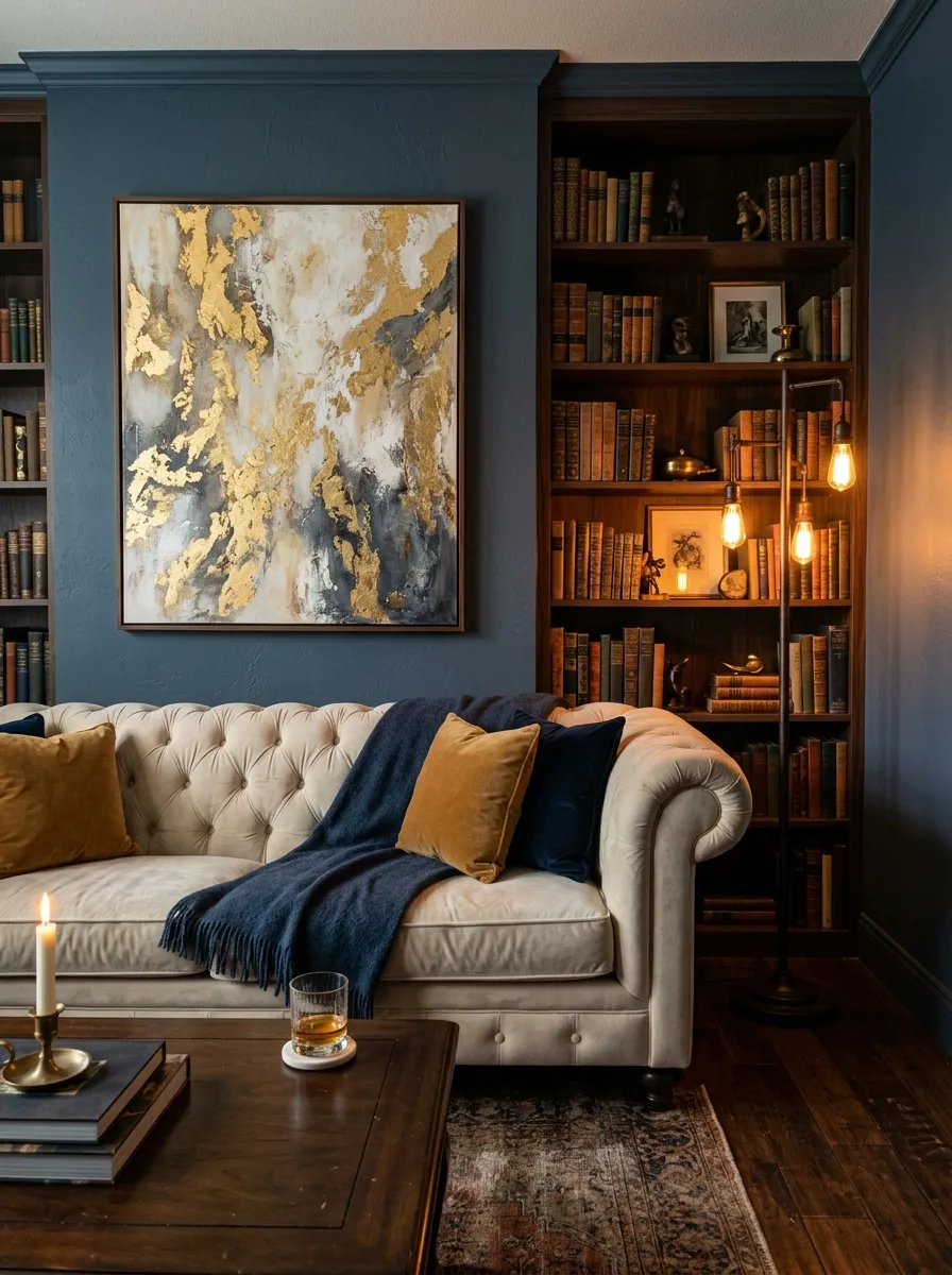 Slate blue painted walls in a moody living room with cream sofa, walnut floors, and warm Edison lighting