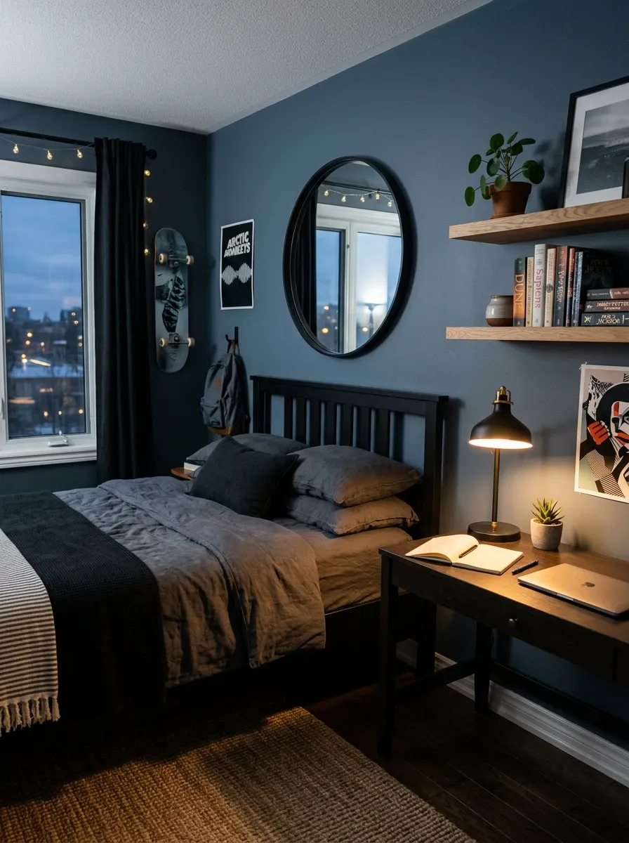 Bedroom ideas for older kids with a moody slate blue and black palette designed to grow seamlessly into a teen space