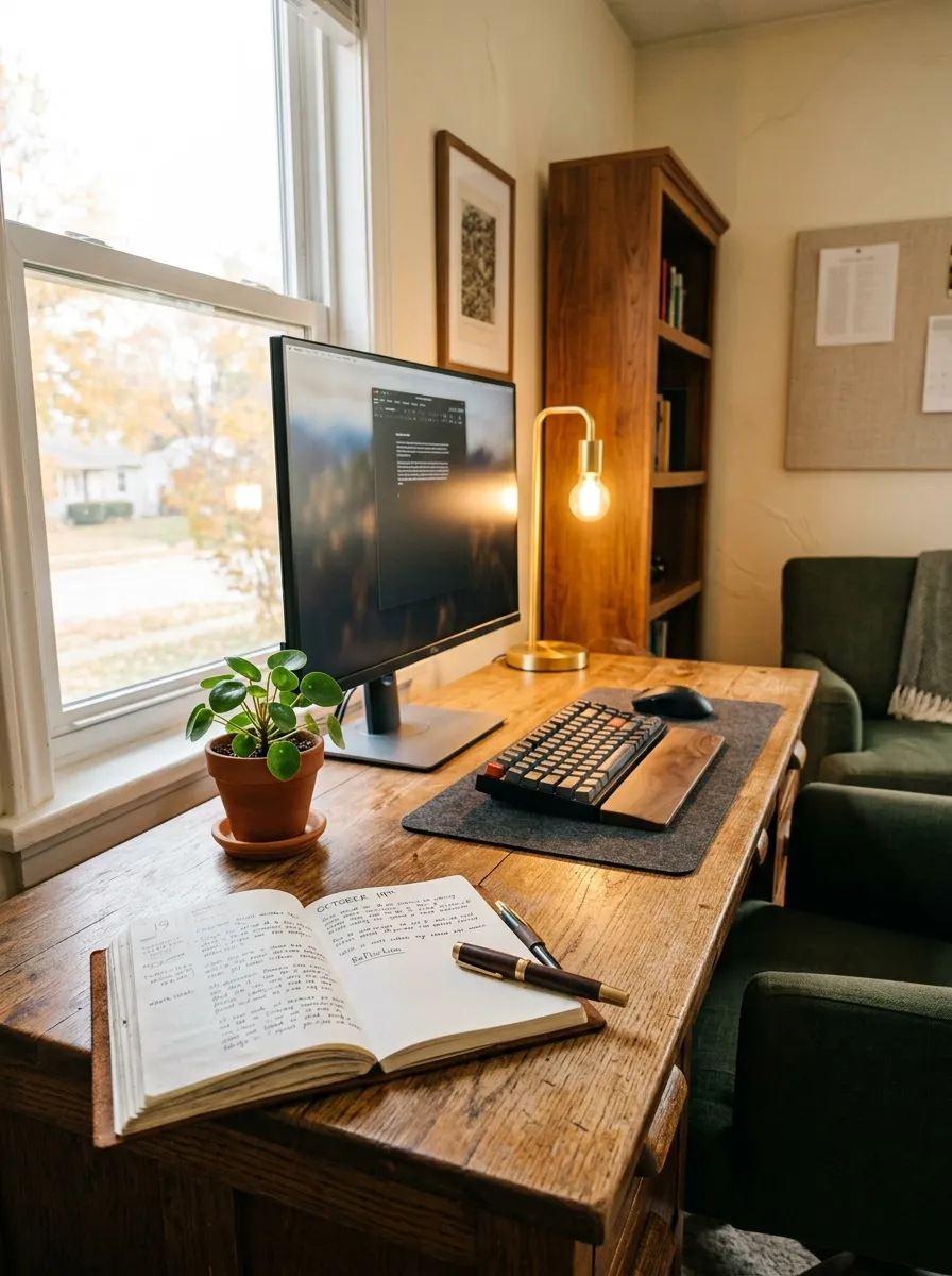 Home office setup at morning with open journal, ceramic coffee cup, brass desk lamp, potted plant, and clear desk surface in soft morning natural light